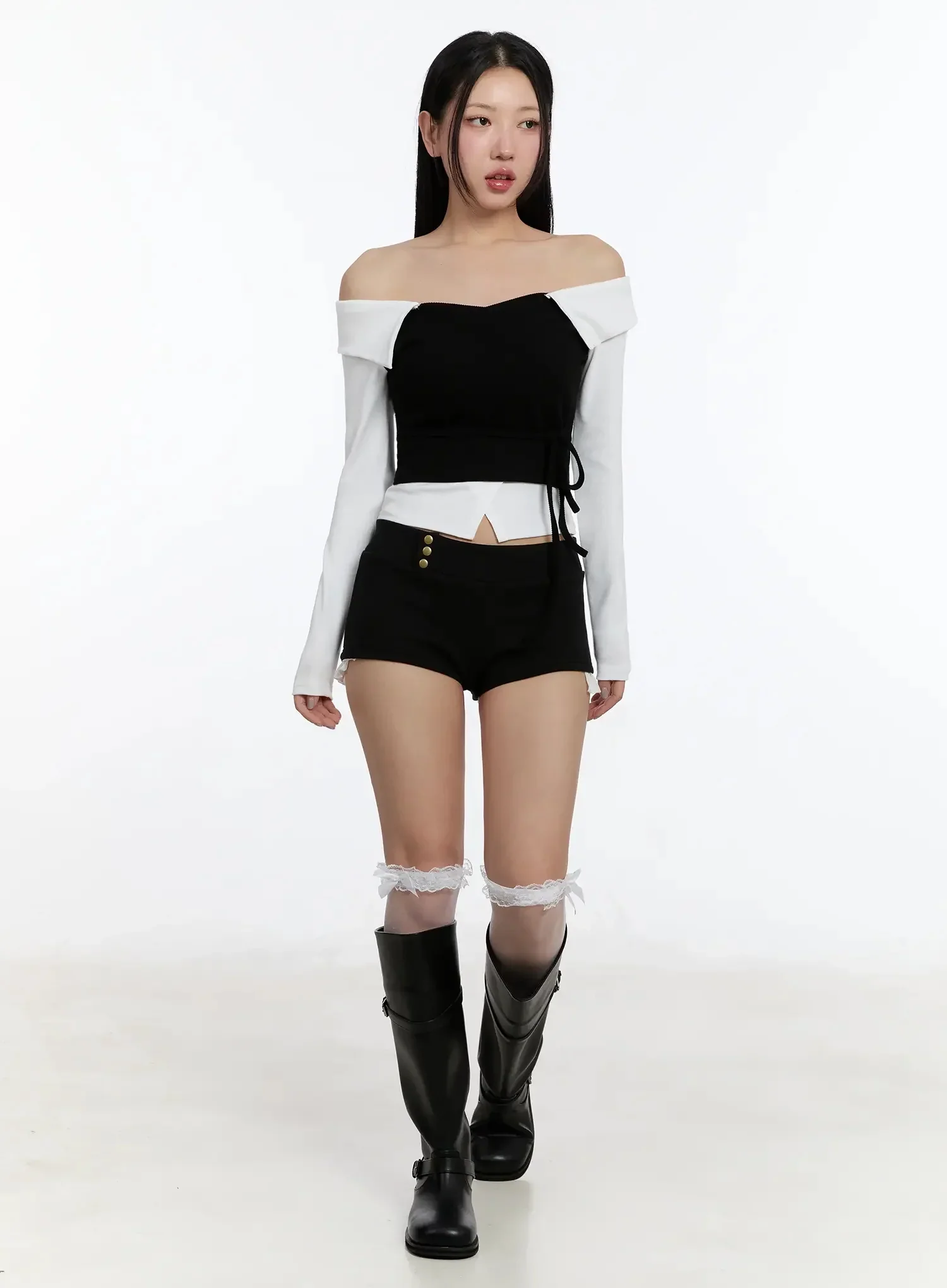 Ribbon-Tie Collared Off-Shoulder Top IM509 - Image 9