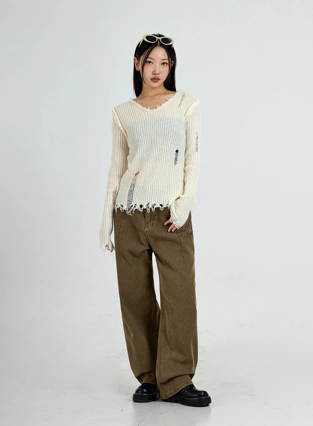 Ripped V-Neck Knit Top CO13 - Image 10
