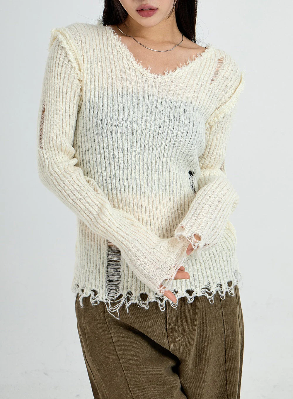 Ripped V-Neck Knit Top CO13 - Image 2