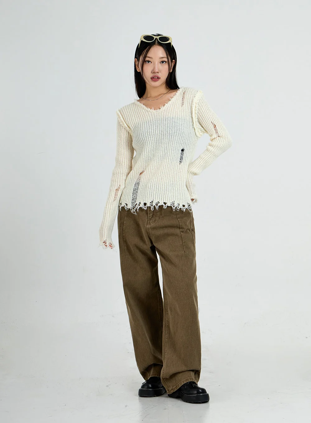 Ripped V-Neck Knit Top CO13 - Image 4