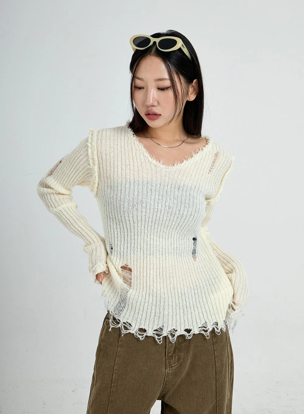 Ripped V-Neck Knit Top CO13 - Image 5