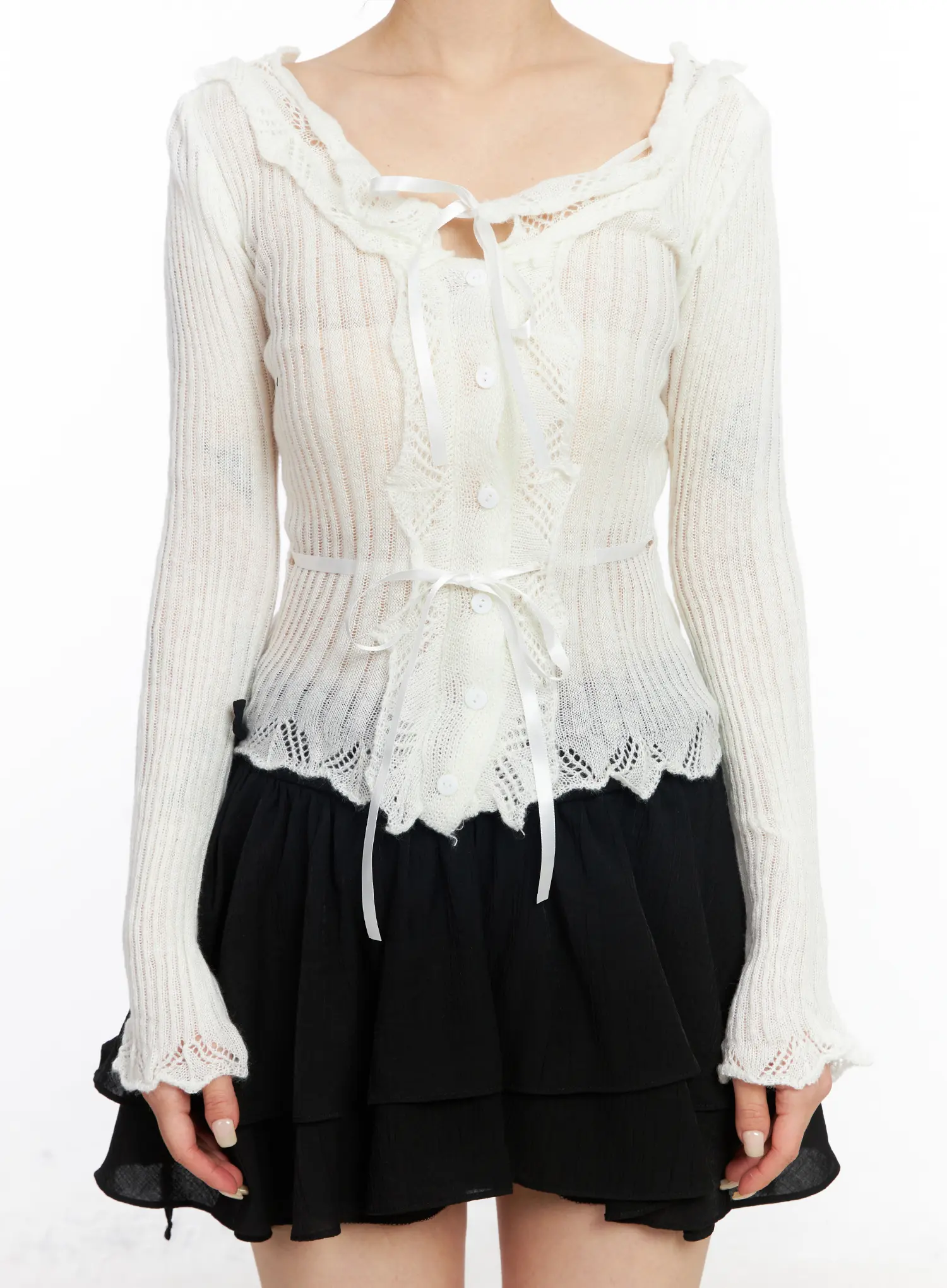 Romantic Frill Ribbon Knit Cardigan CJ523 - Image 6