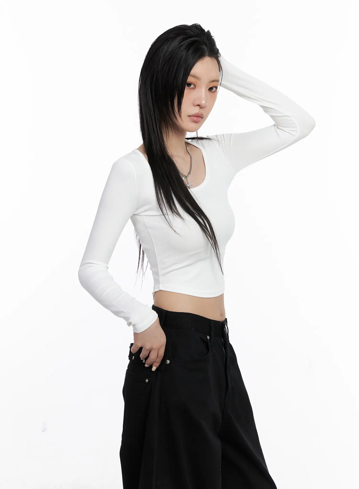 Round Neck Ribbed Long Sleeve Crop Top CS512 - Image 4