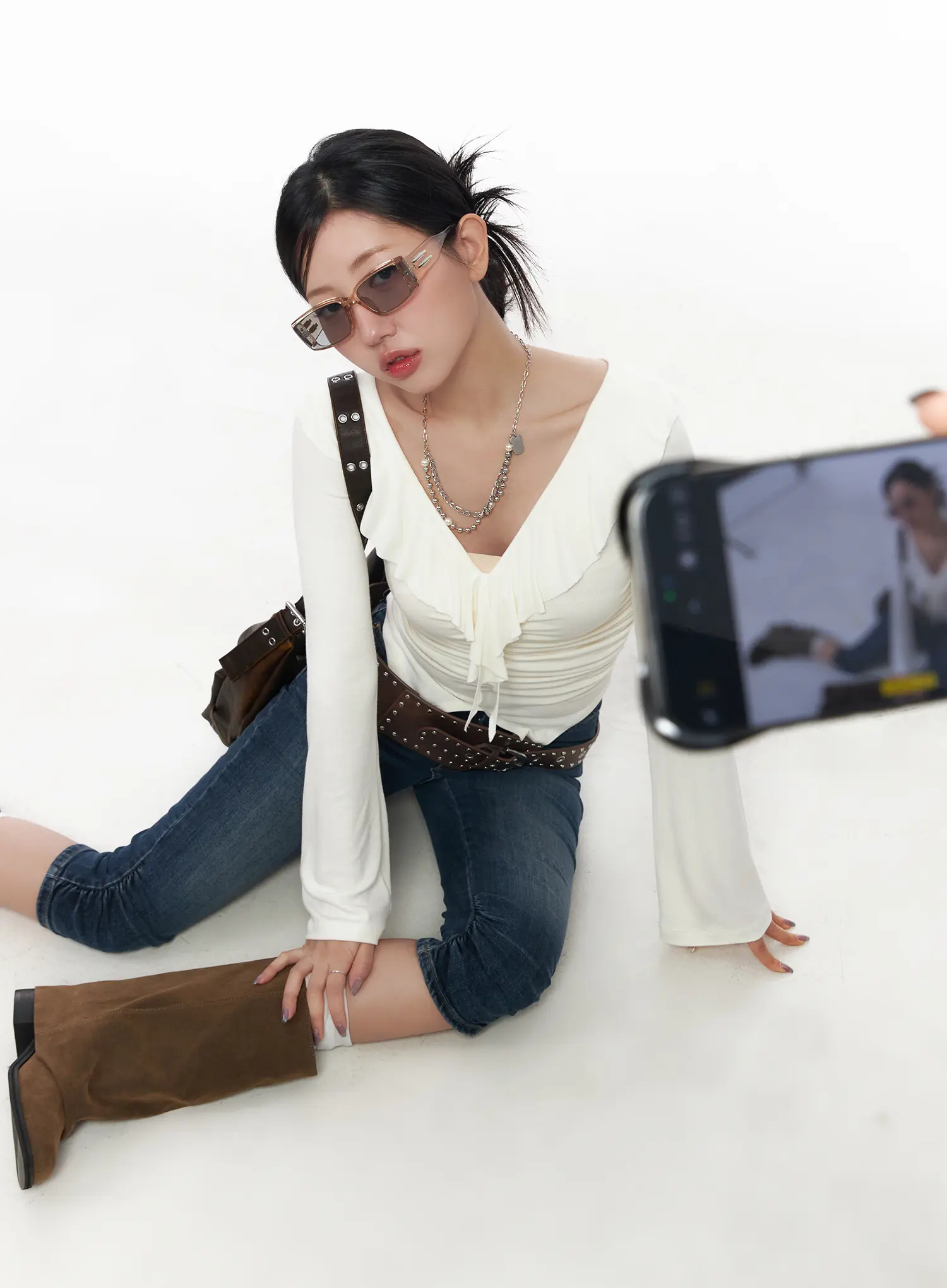 Ruffle Shirred V-Neck Long Sleeve Top CJ530 - Image 3