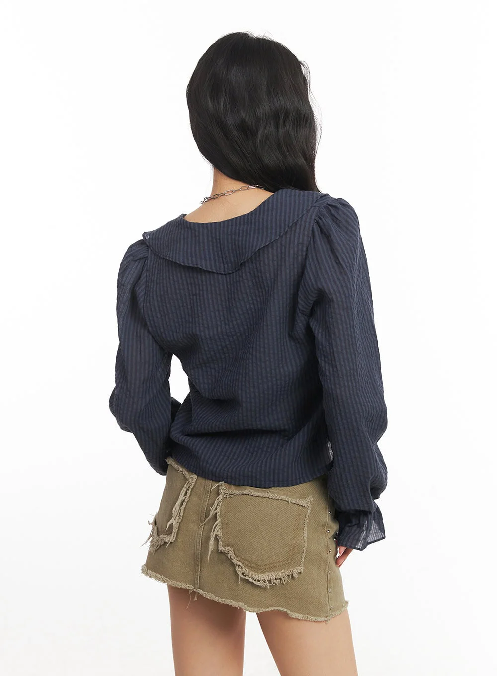 Ruffle V-Neck Stripe Blouse Top CA503 - Image 9