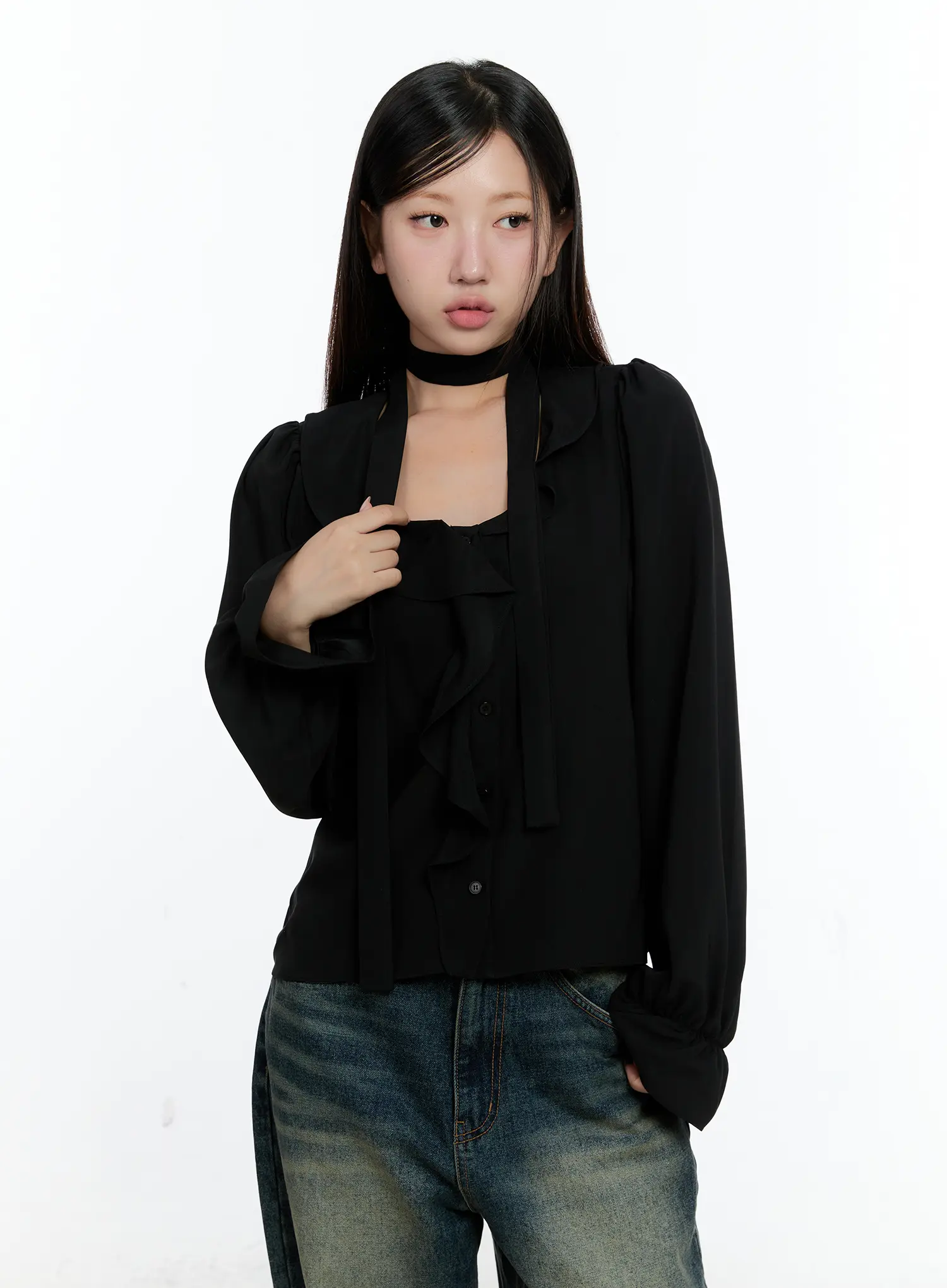 Ruffled Chiffon Blouse with Scarf Set CS518 - Image 11