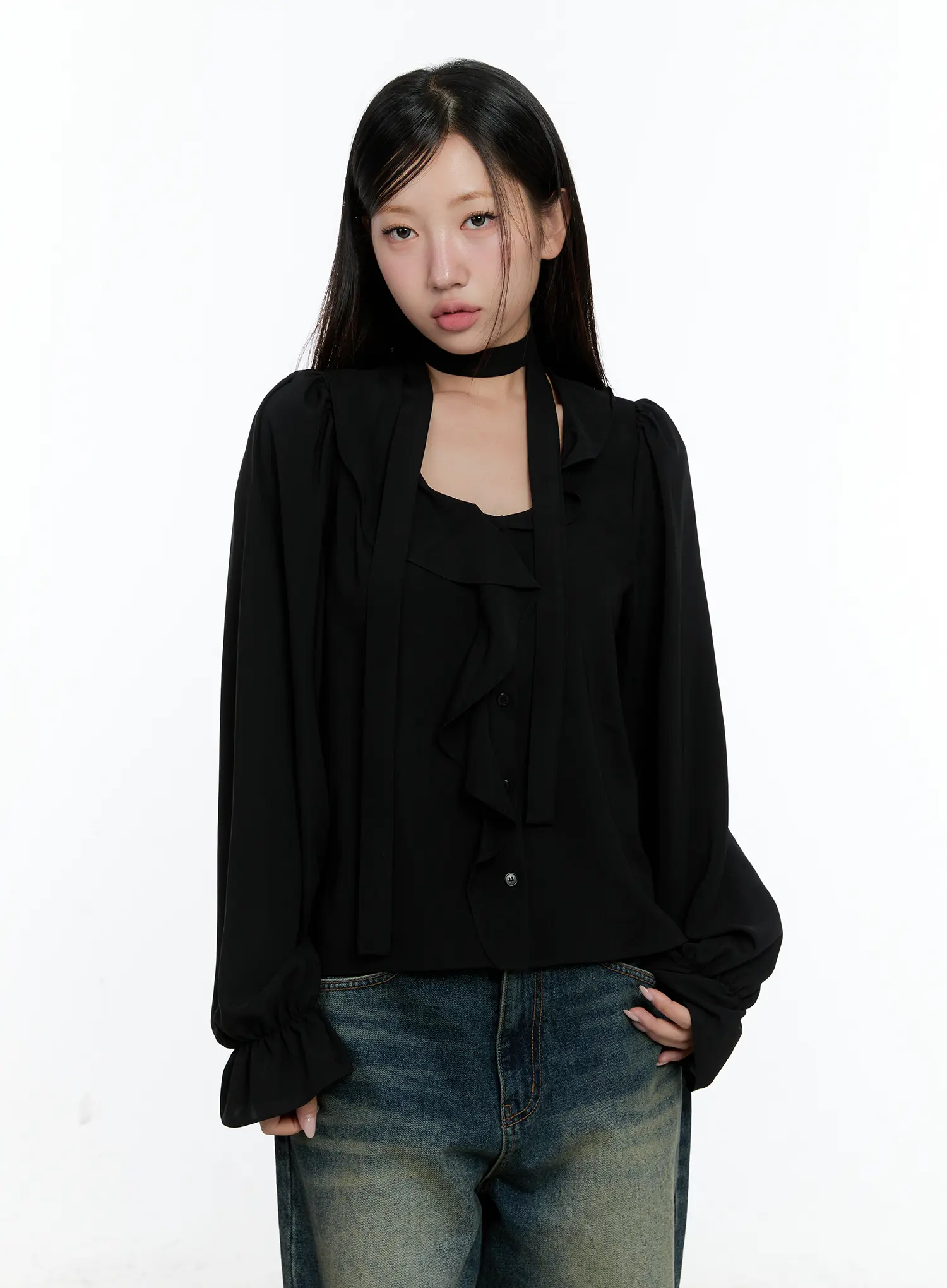 Ruffled Chiffon Blouse with Scarf Set CS518 - Image 2