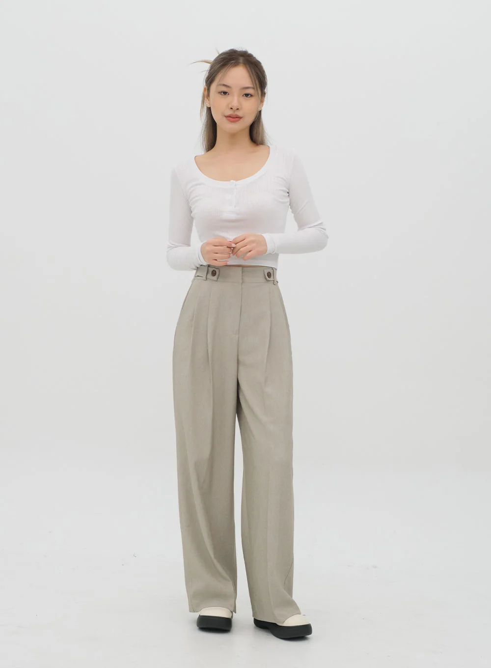 Scoop Neck Long Sleeve T Shirt with Front Buttons CM2 - Image 15
