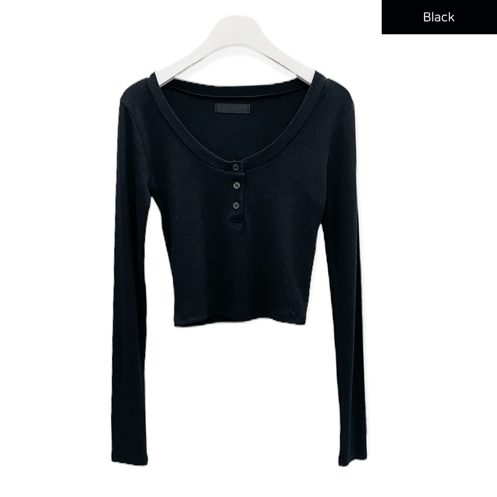 Scoop Neck Long Sleeve T Shirt with Front Buttons CM2 - Image 17