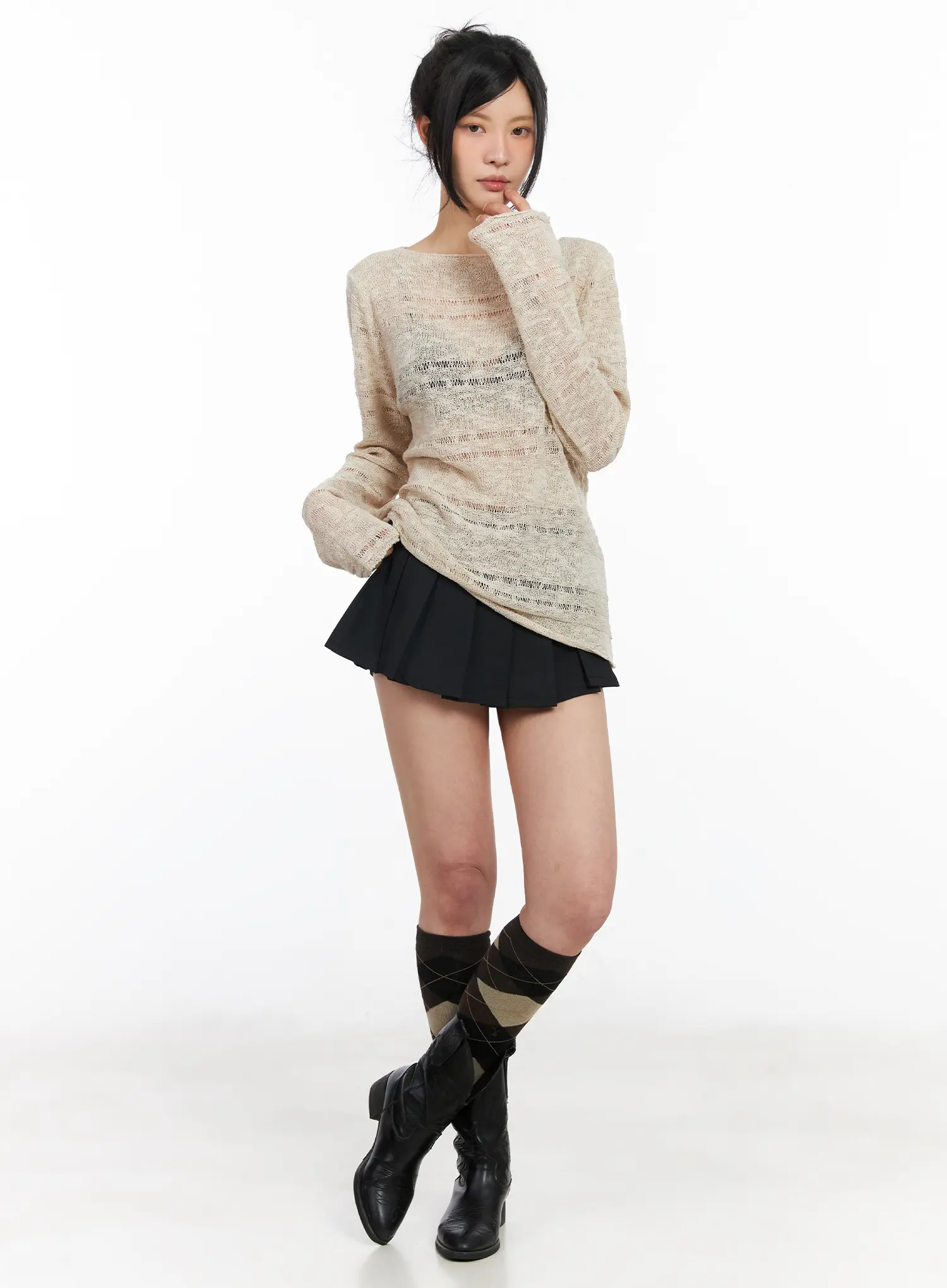 Sheer Boat Neck Long Sleeve Knit Top CM517 - Image 7