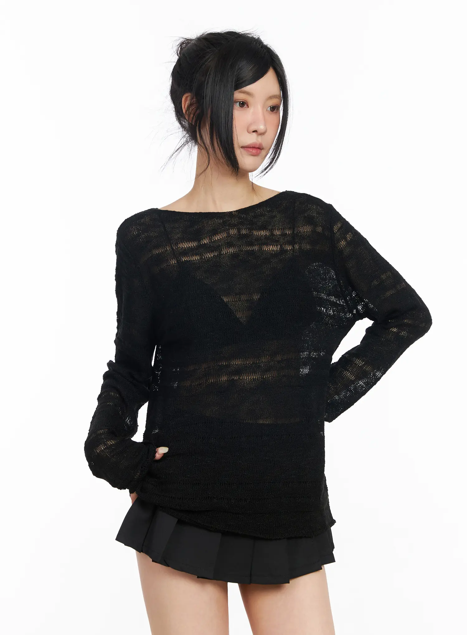 Sheer Boat Neck Long Sleeve Knit Top CM517 - Image 8