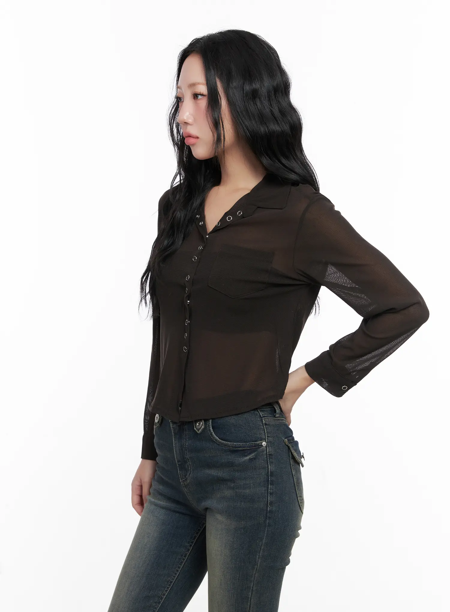 Sheer Button-Up Collar Blouse CN514 - Image 4