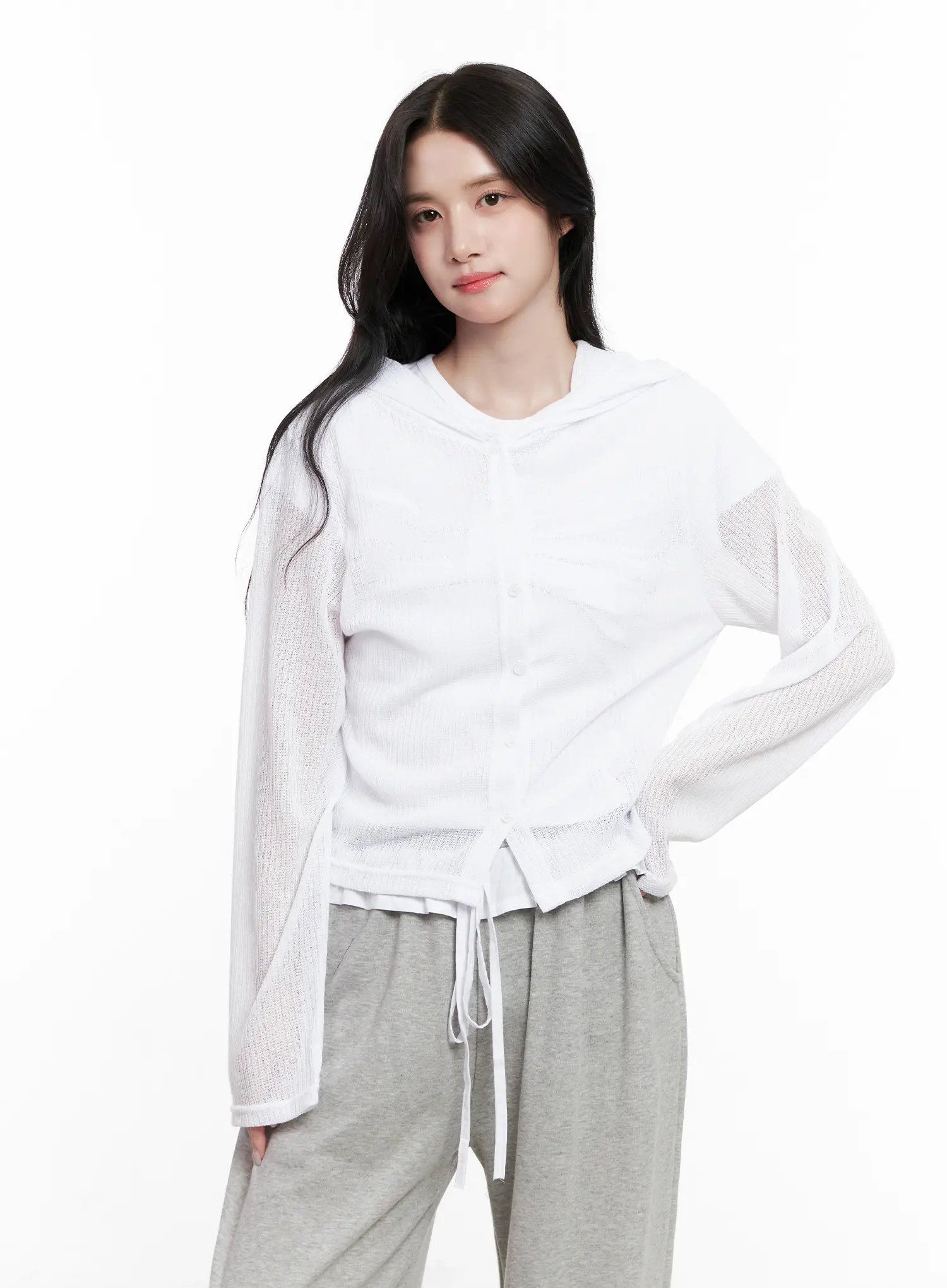Sheer Button-Up Long Sleeve Zip-Up CL516 - Image 10
