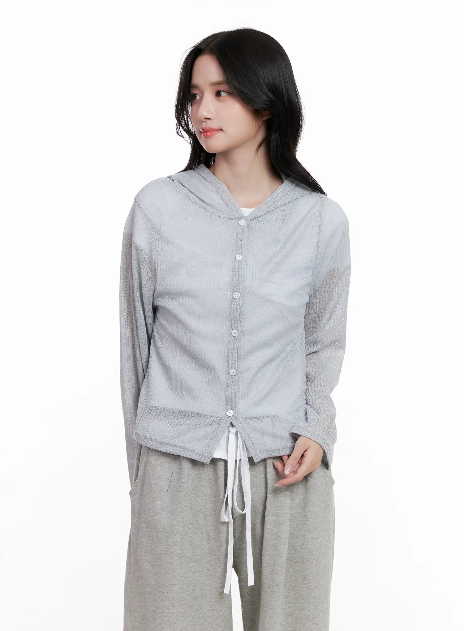 Sheer Button-Up Long Sleeve Zip-Up CL516 - Image 2