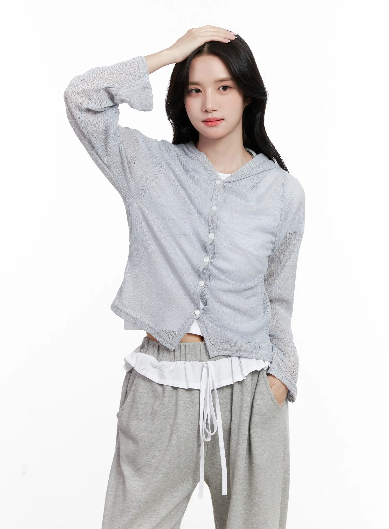 Sheer Button-Up Long Sleeve Zip-Up CL516 - Image 9