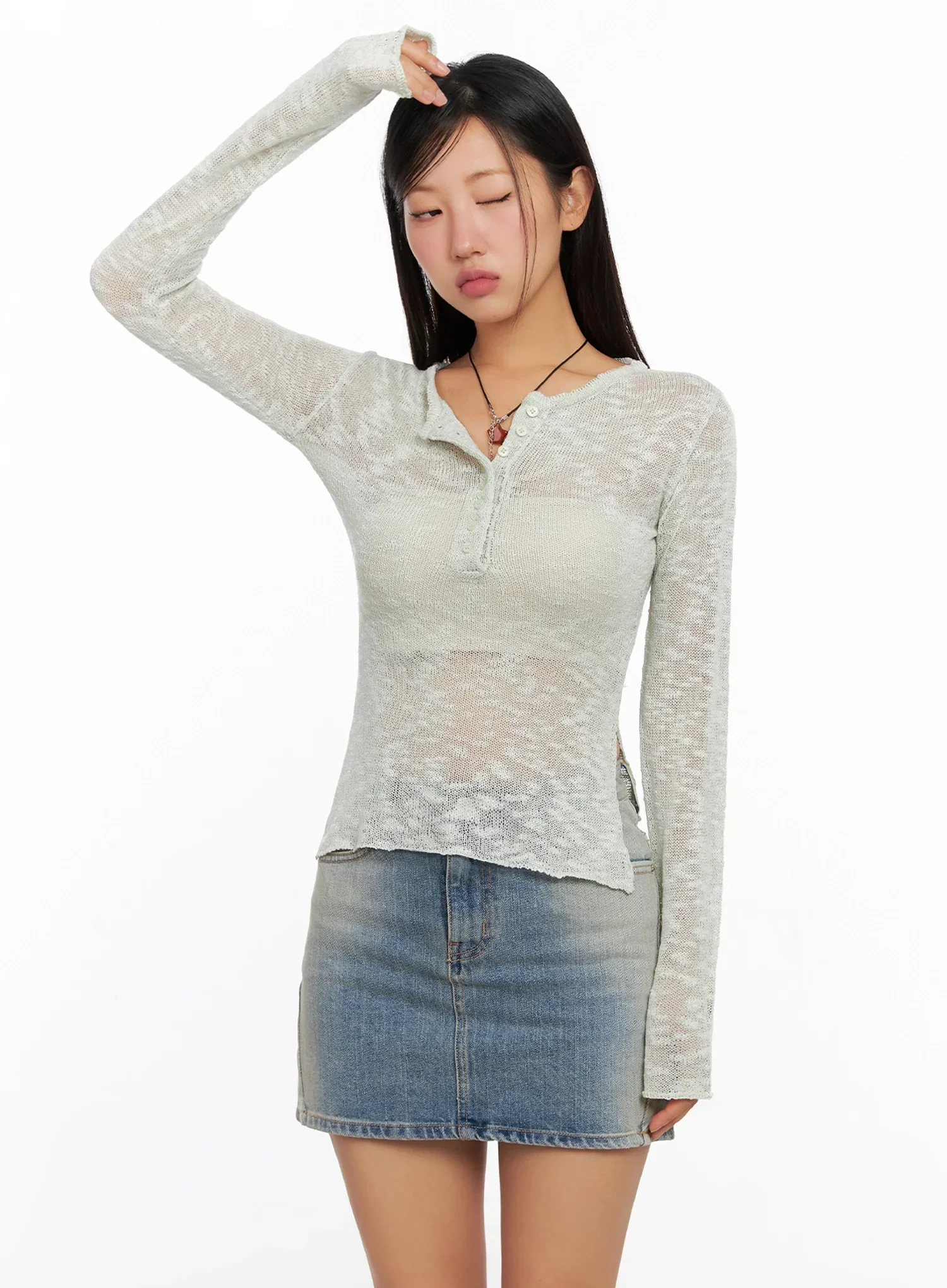 Sheer Buttoned Neck Long Sleeve Top IG527 - Image 5