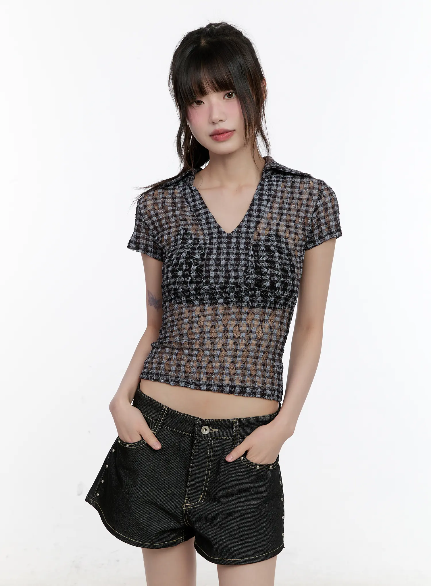 Sheer Checked Collar Tee CL504 - Image 11