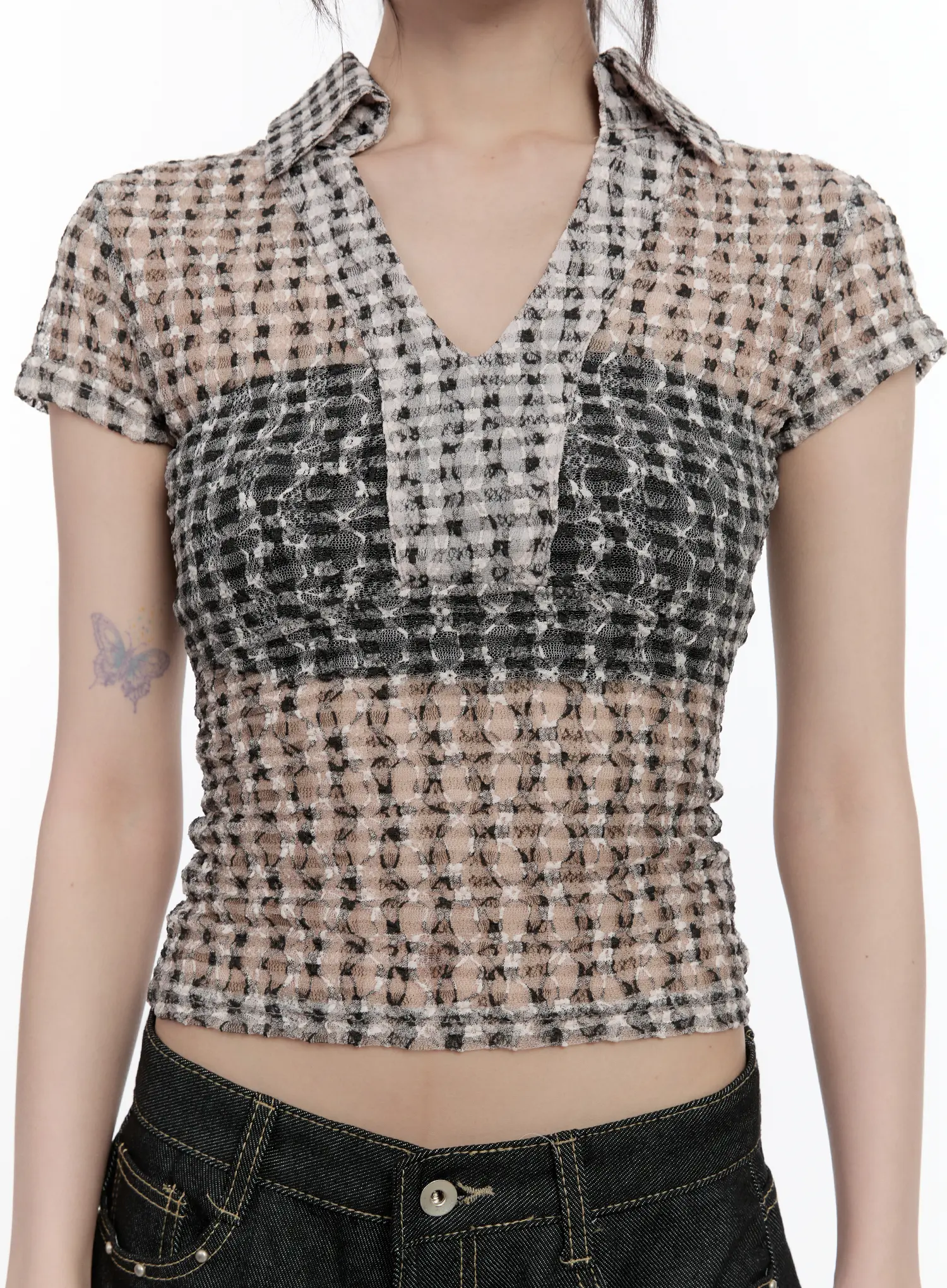 Sheer Checked Collar Tee CL504 - Image 4