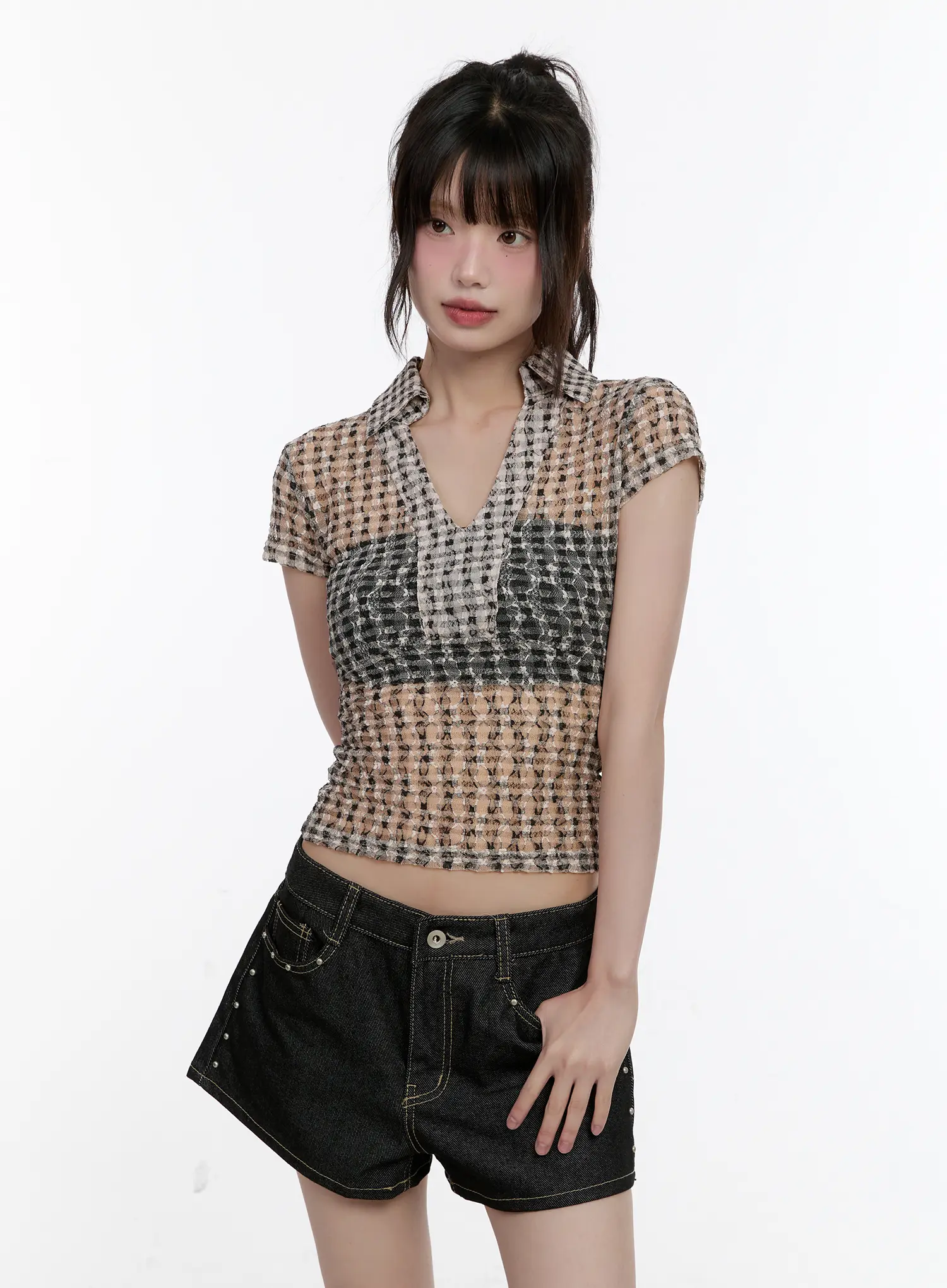 Sheer Checked Collar Tee CL504 - Image 9