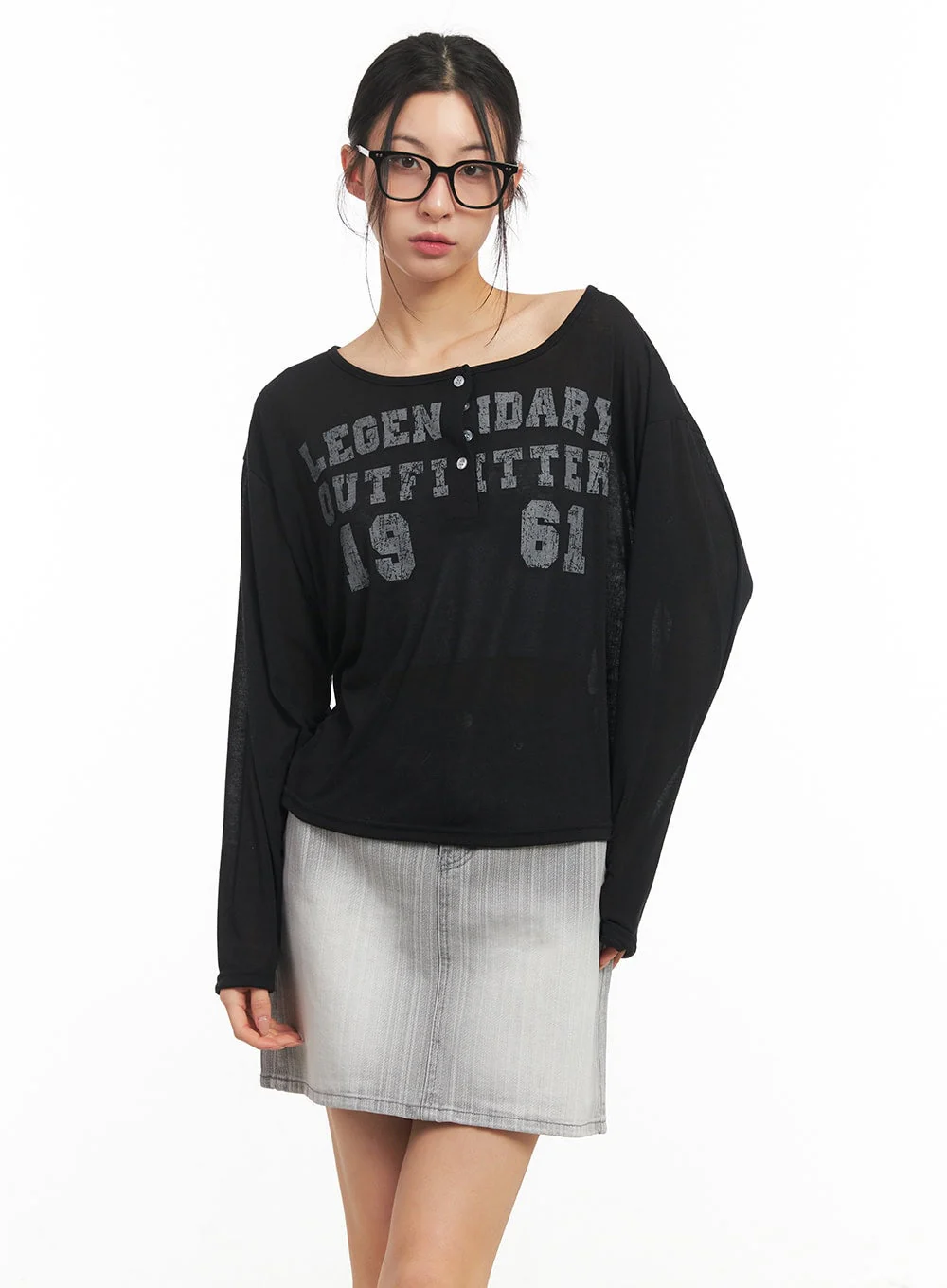 Sheer One-Shoulder Buttoned Tee CM503 - Image 12