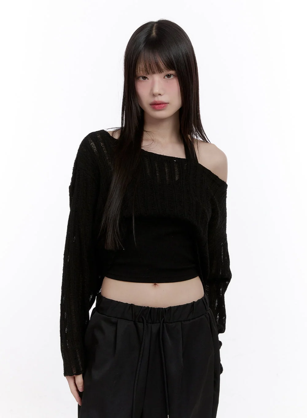 Sheer One-Shoulder Crop Sweater CF511 - Image 8