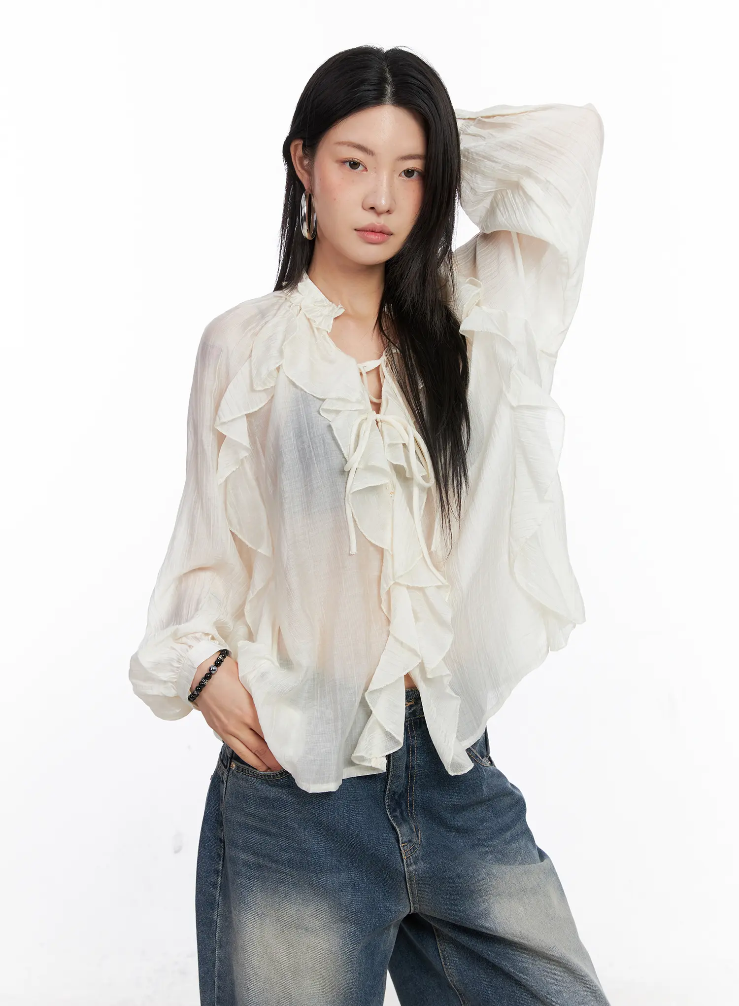 Sheer Ruffle Long Sleeve Blouse CO508 - Image 2