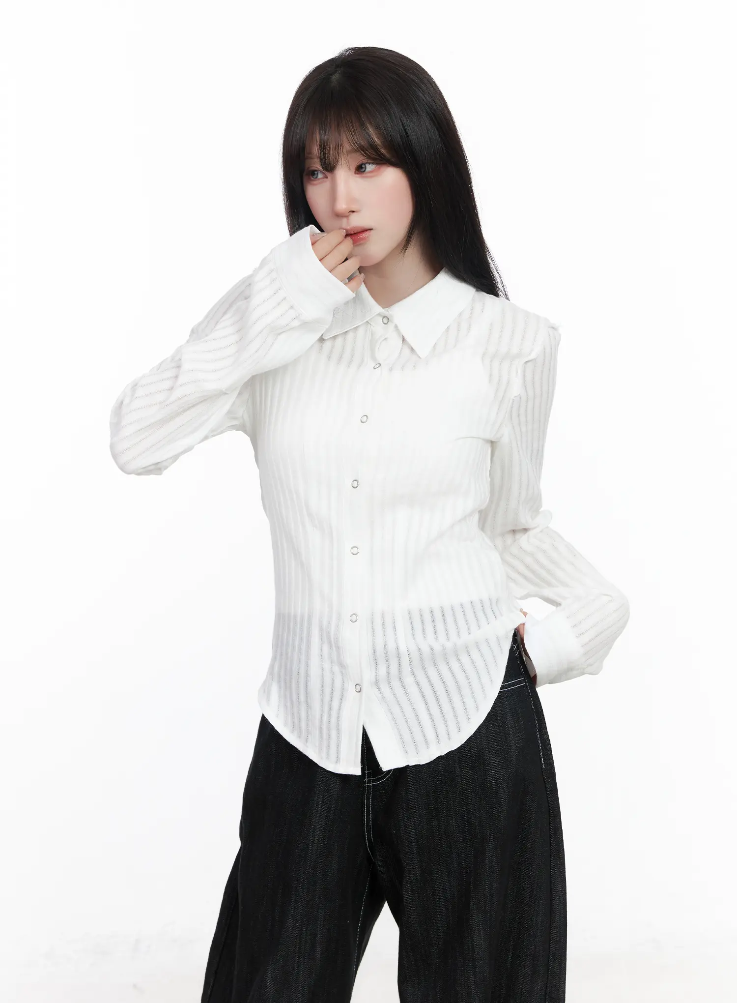 Sheer Striped Long Sleeve Shirt CF523 - Image 10