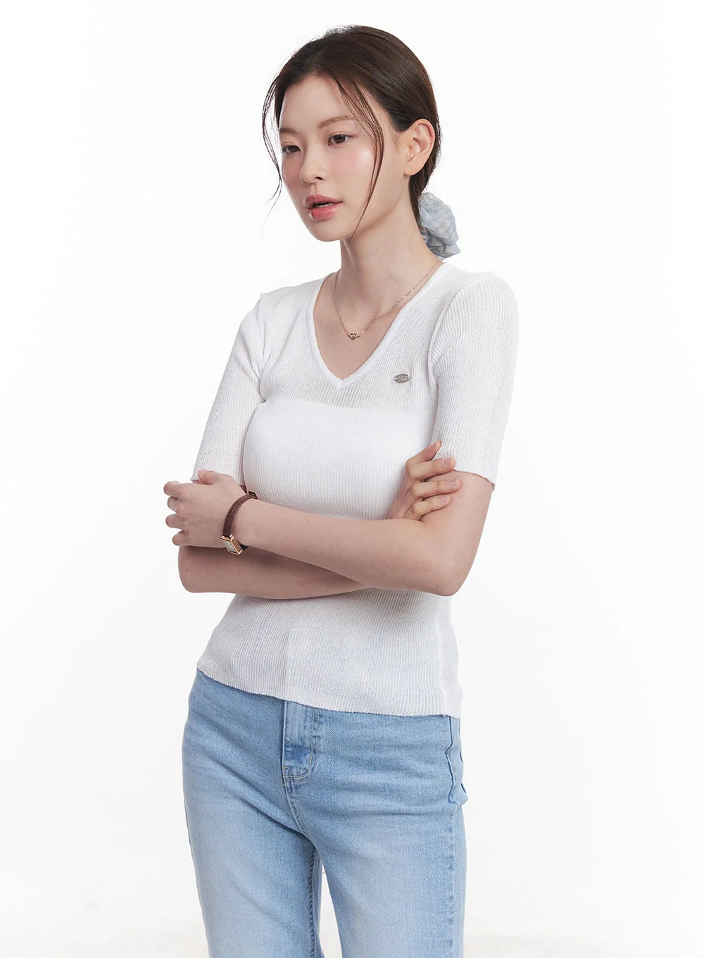 Sheer V-Neck Linen Short Sleeve Sweater CY519 - Image 4