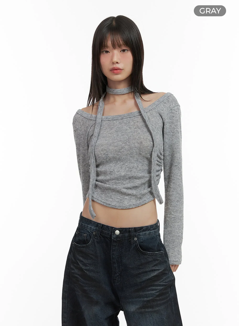 Shirred Cropped Long Sleeve Top with Choker Set CO410 - Image 11