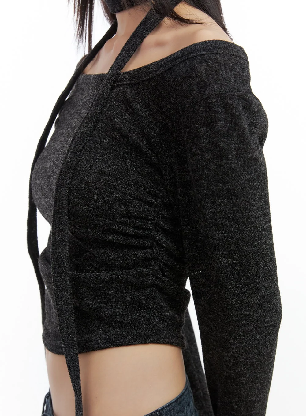Shirred Cropped Long Sleeve Top with Choker Set CO410 - Image 3