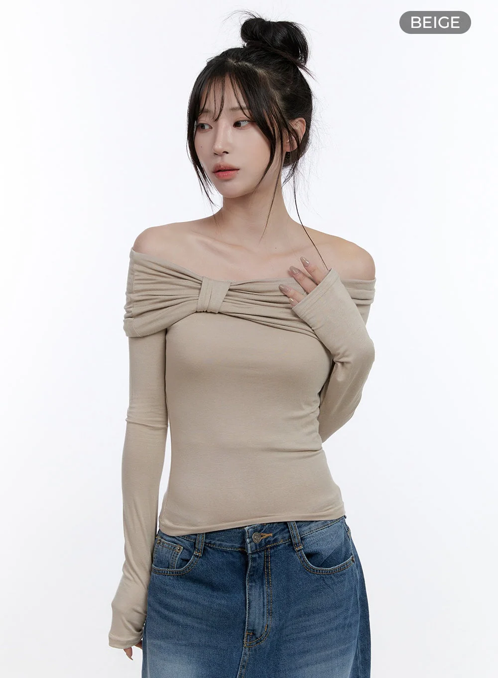 Shirred Off-Shoulder Solid T-Shirt CO419 - Image 11