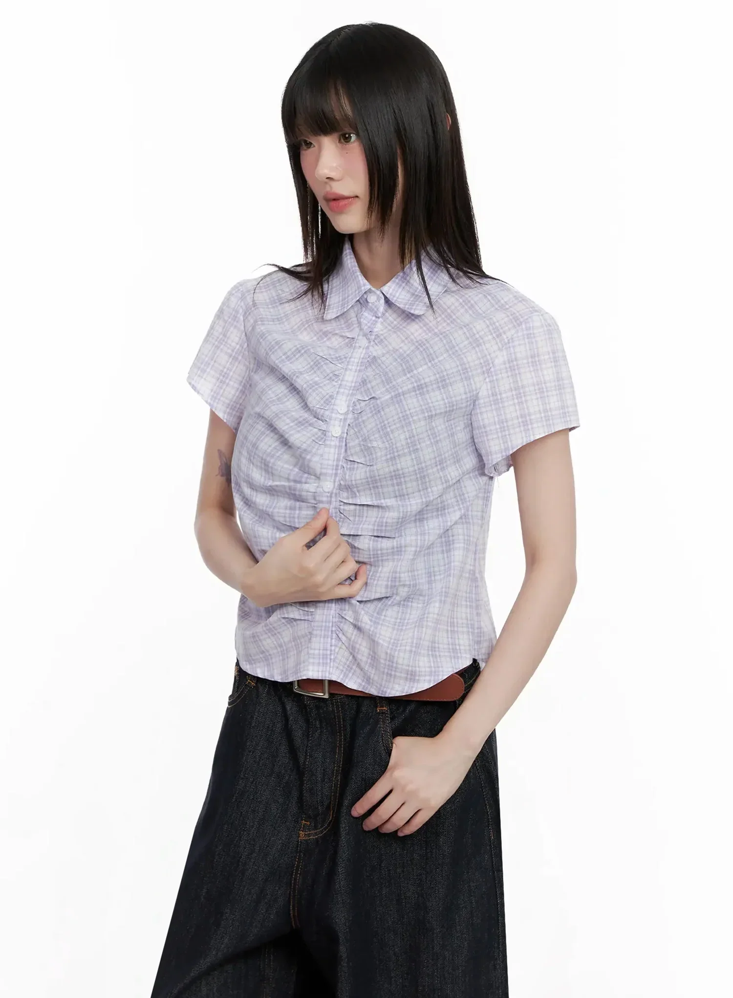 Shirred Plaid Button-up Blouse IL531 - Image 11