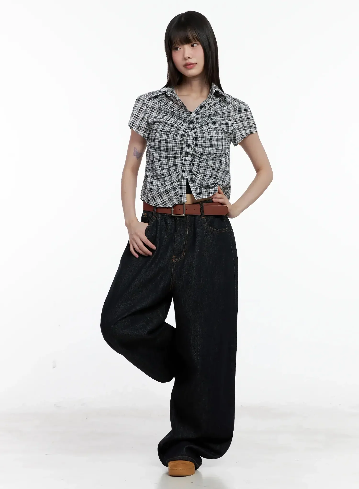 Shirred Plaid Button-up Blouse IL531 - Image 12