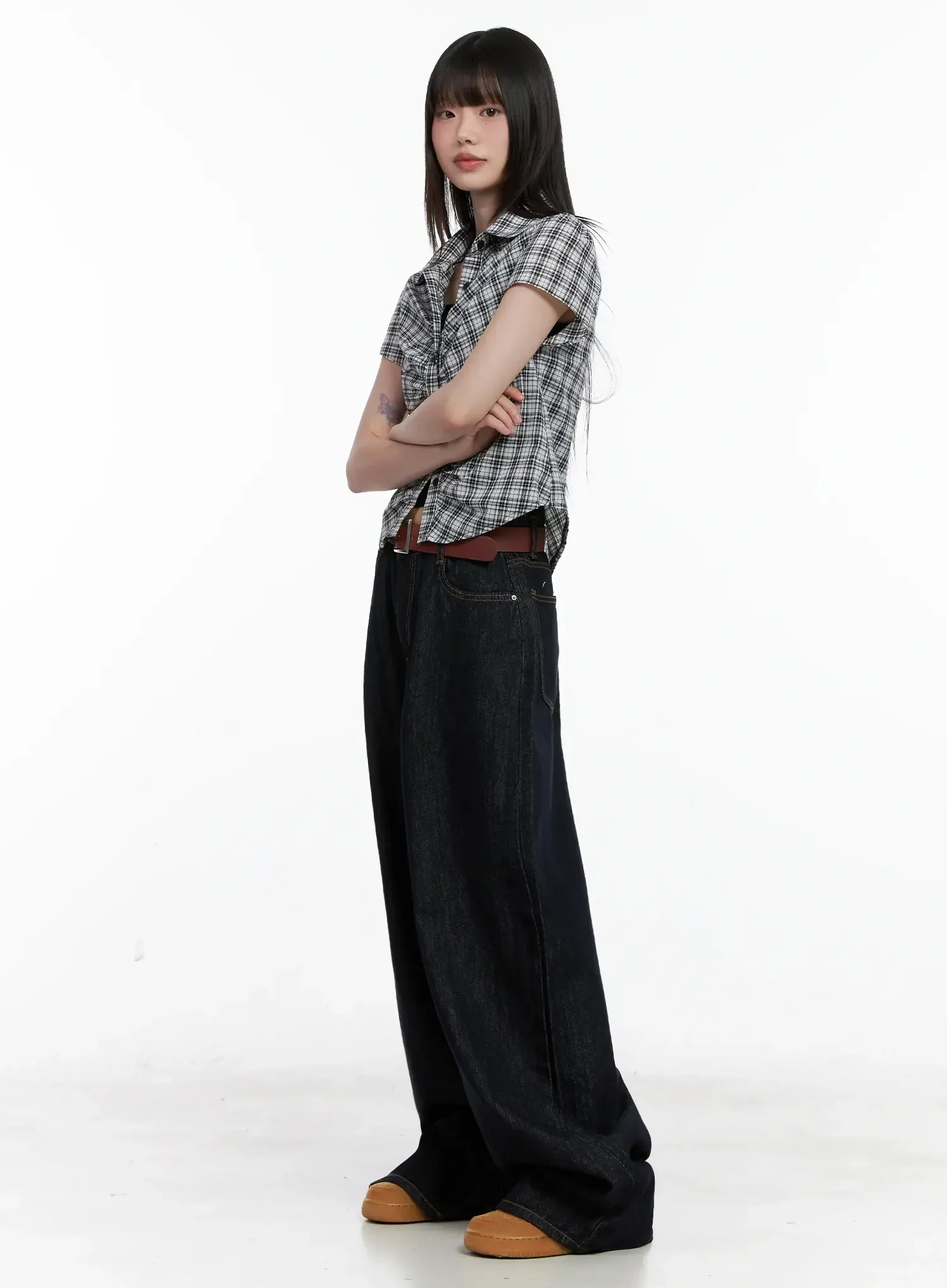 Shirred Plaid Button-up Blouse IL531 - Image 14