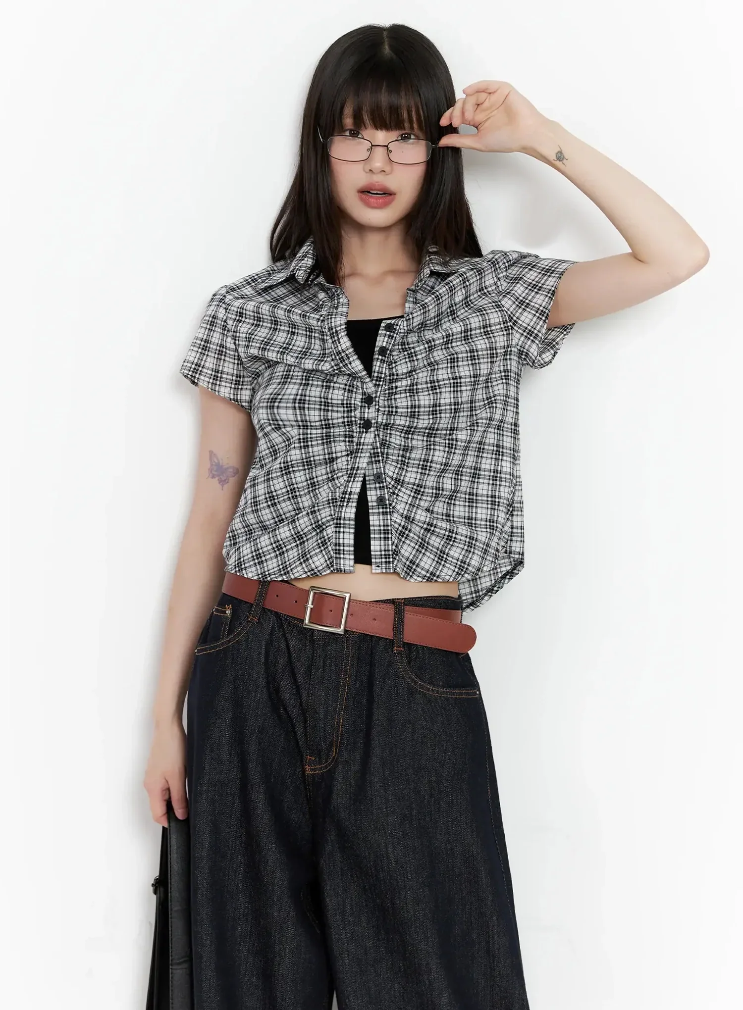 Shirred Plaid Button-up Blouse IL531 - Image 16