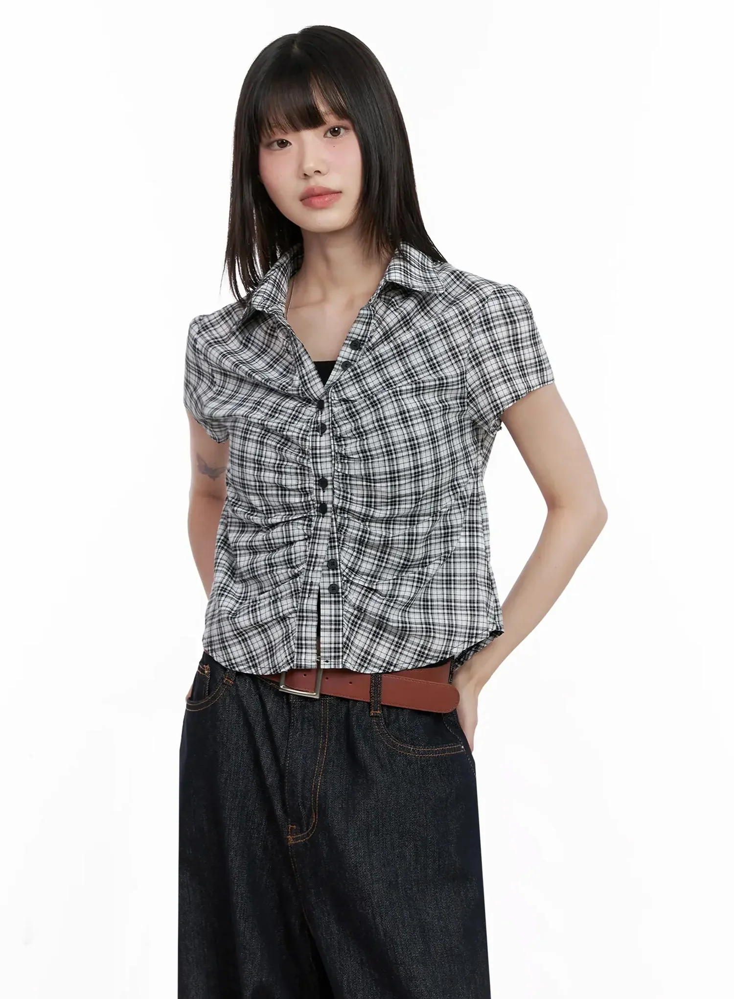 Shirred Plaid Button-up Blouse IL531 - Image 18