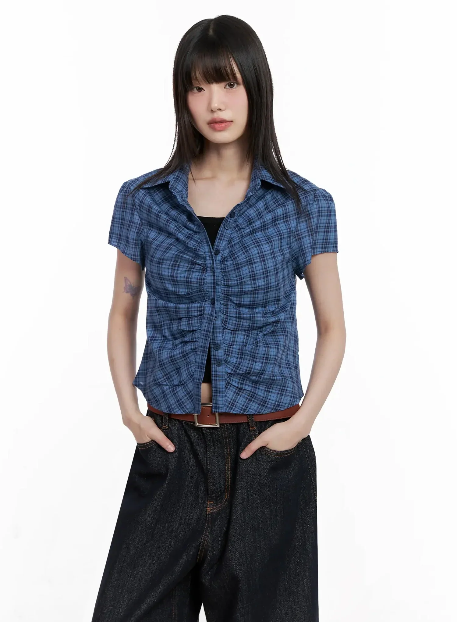 Shirred Plaid Button-up Blouse IL531 - Image 19