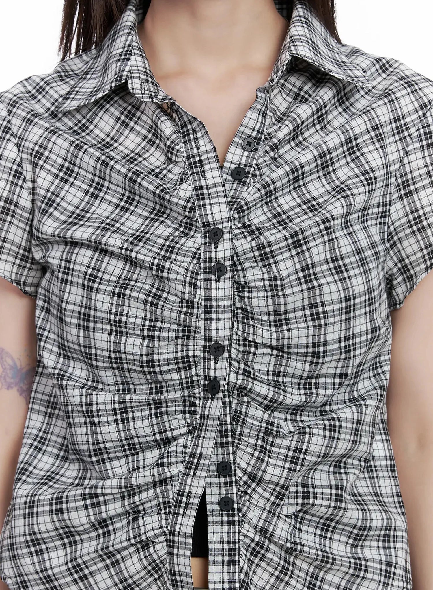 Shirred Plaid Button-up Blouse IL531 - Image 3