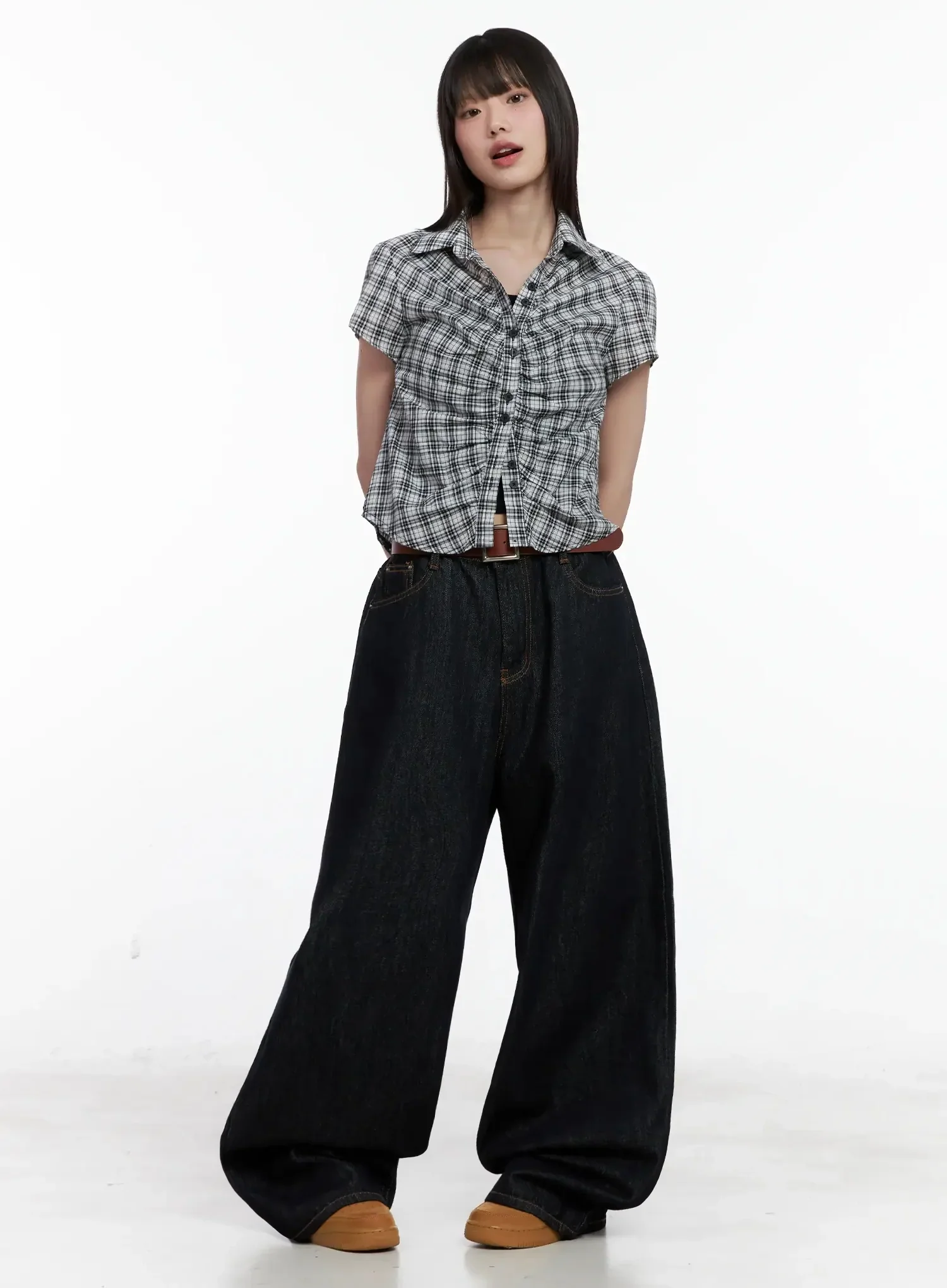 Shirred Plaid Button-up Blouse IL531 - Image 4