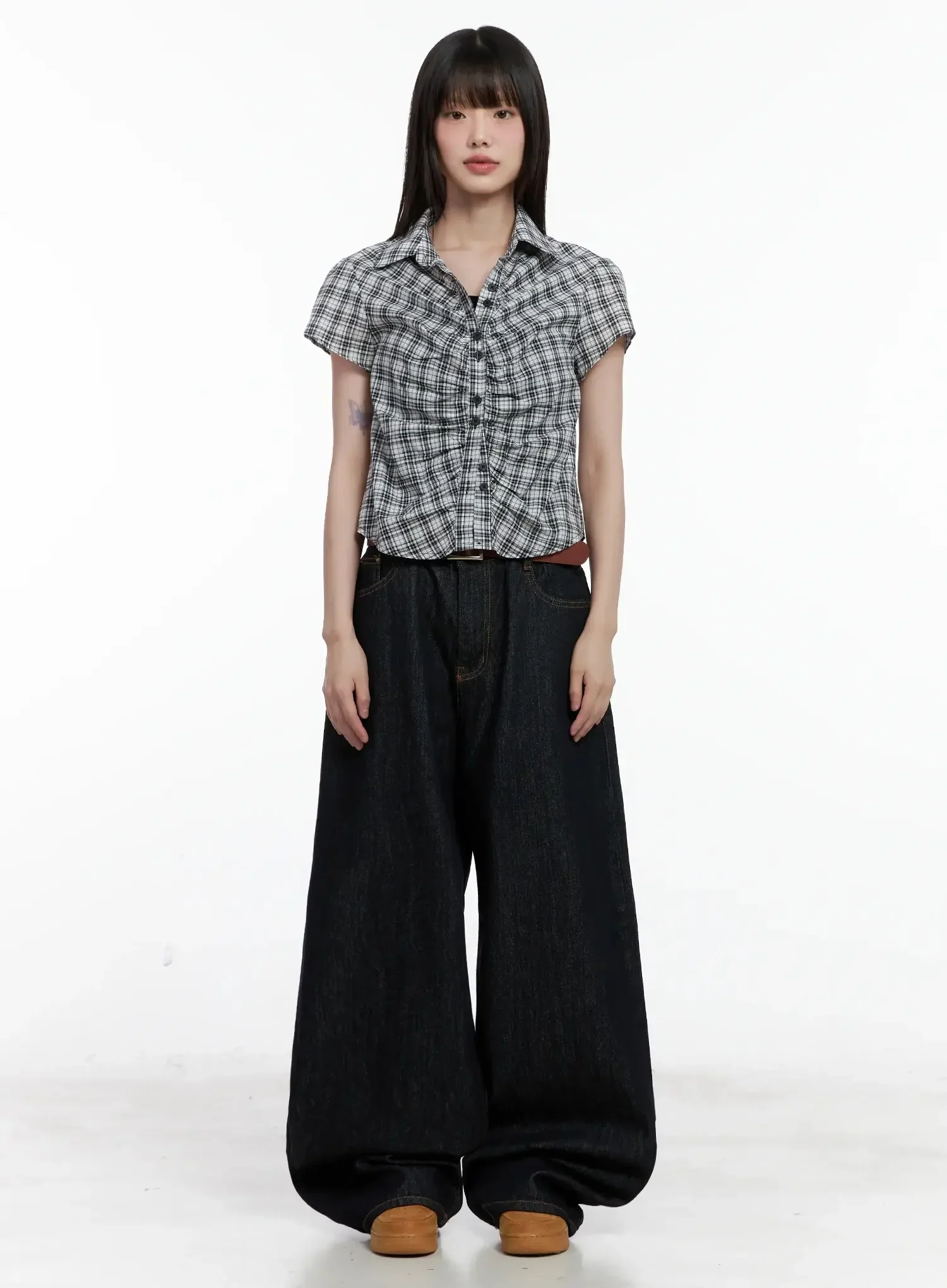 Shirred Plaid Button-up Blouse IL531 - Image 5