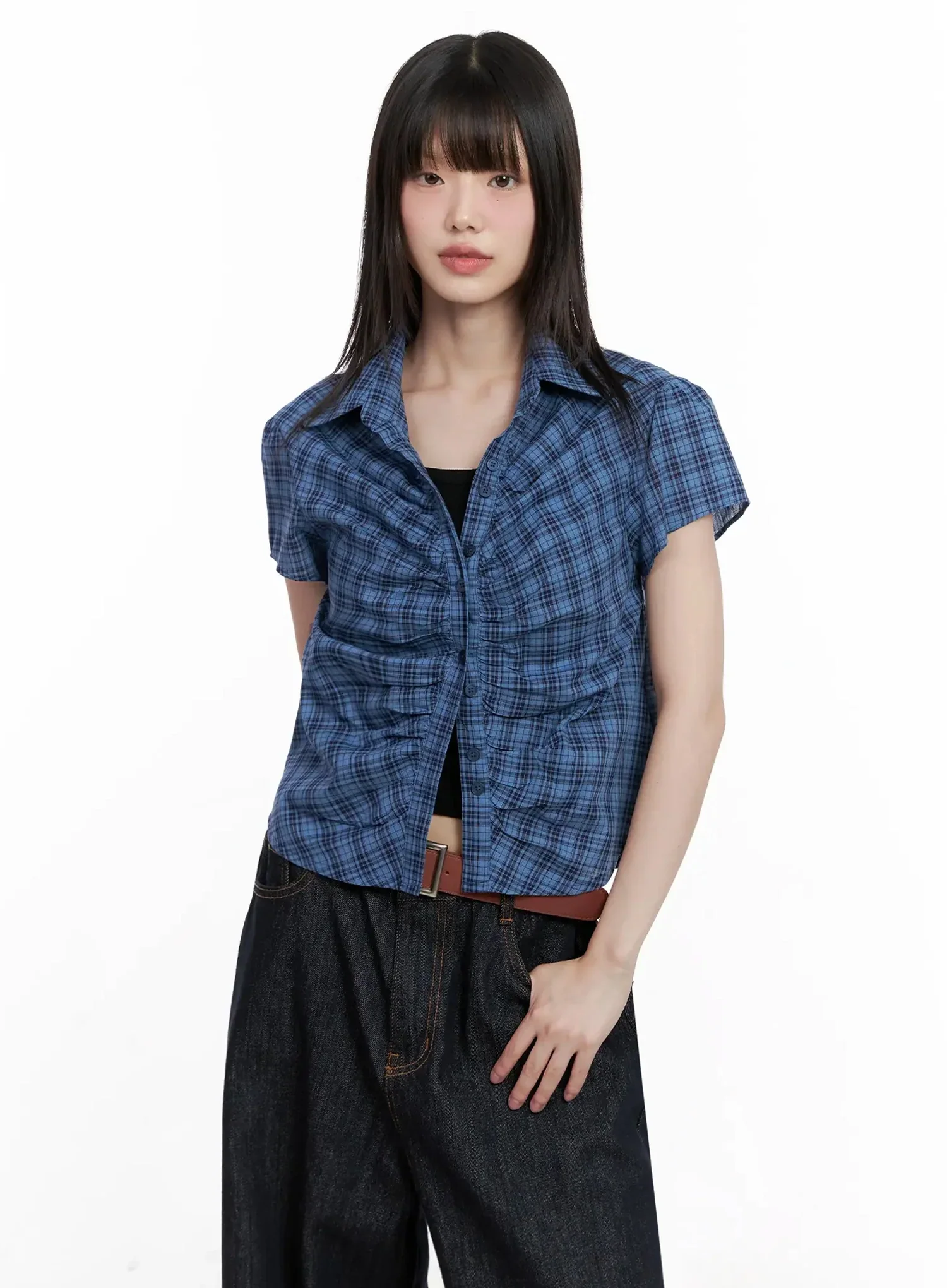 Shirred Plaid Button-up Blouse IL531 - Image 6