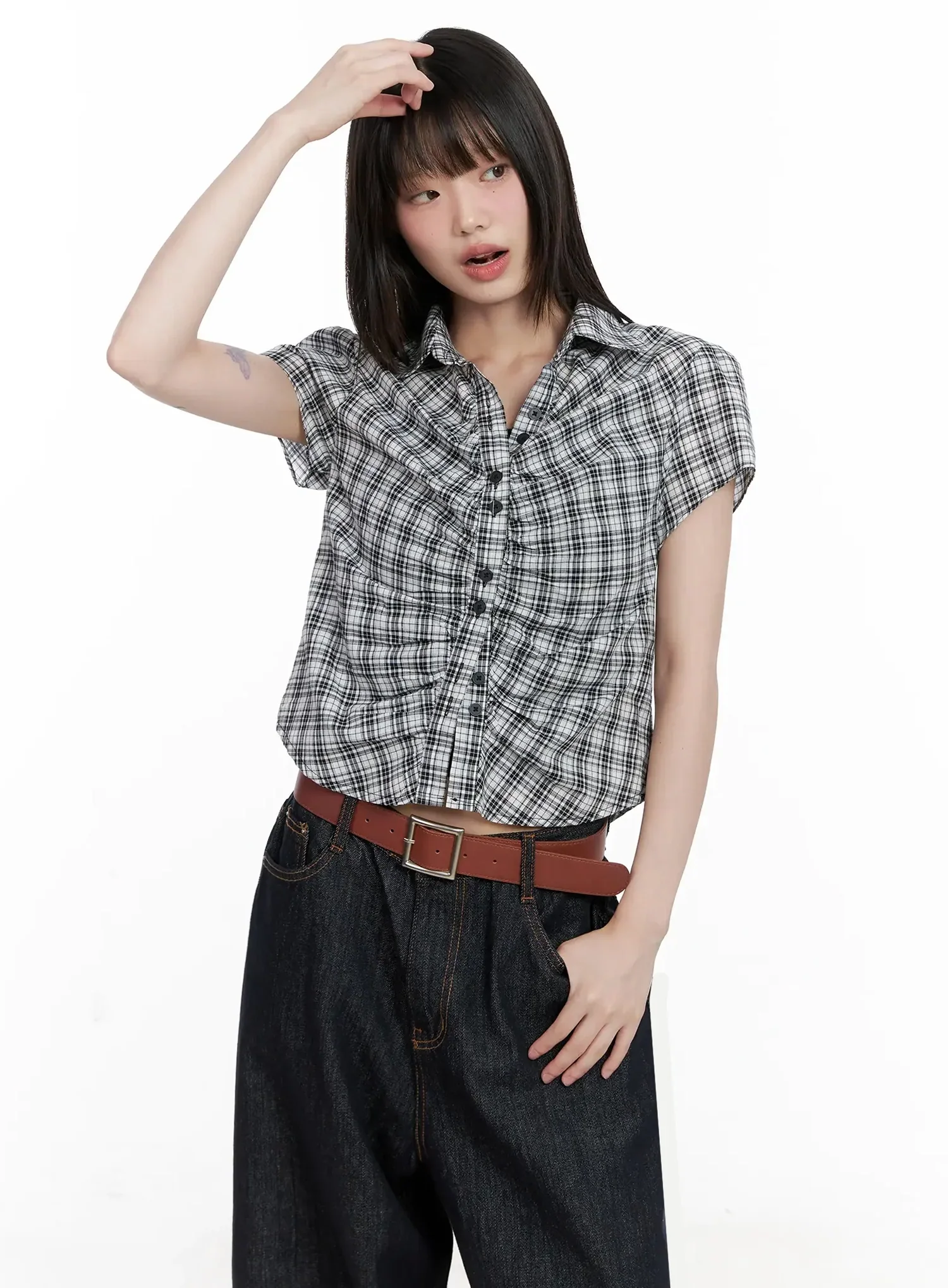 Shirred Plaid Button-up Blouse IL531 - Image 7