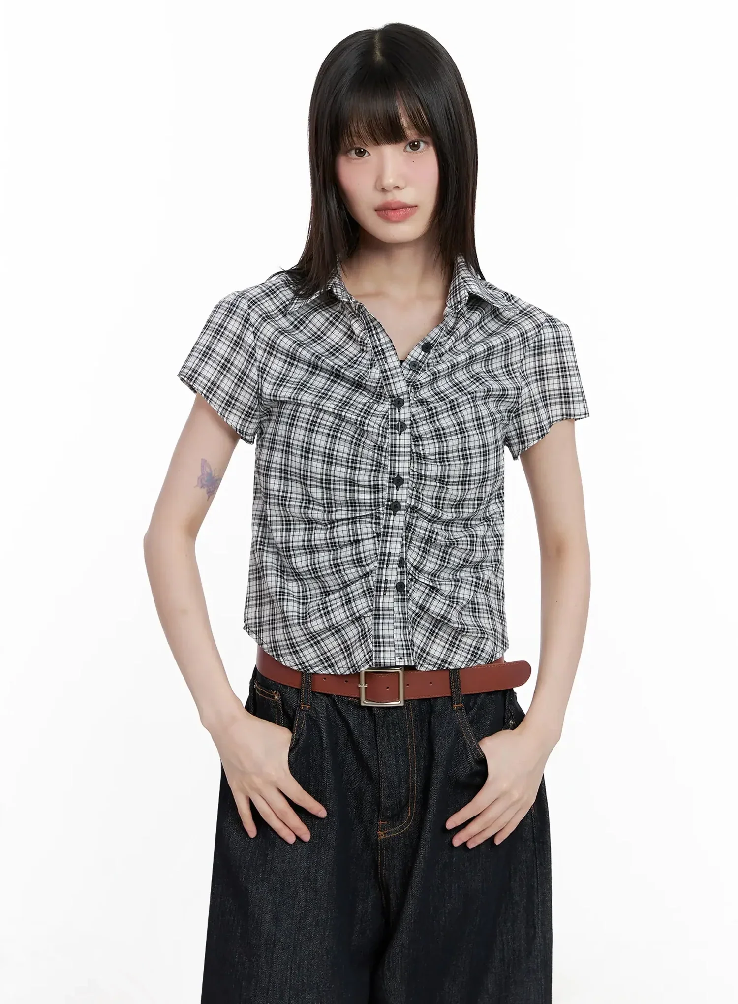 Shirred Plaid Button-up Blouse IL531 - Image 8