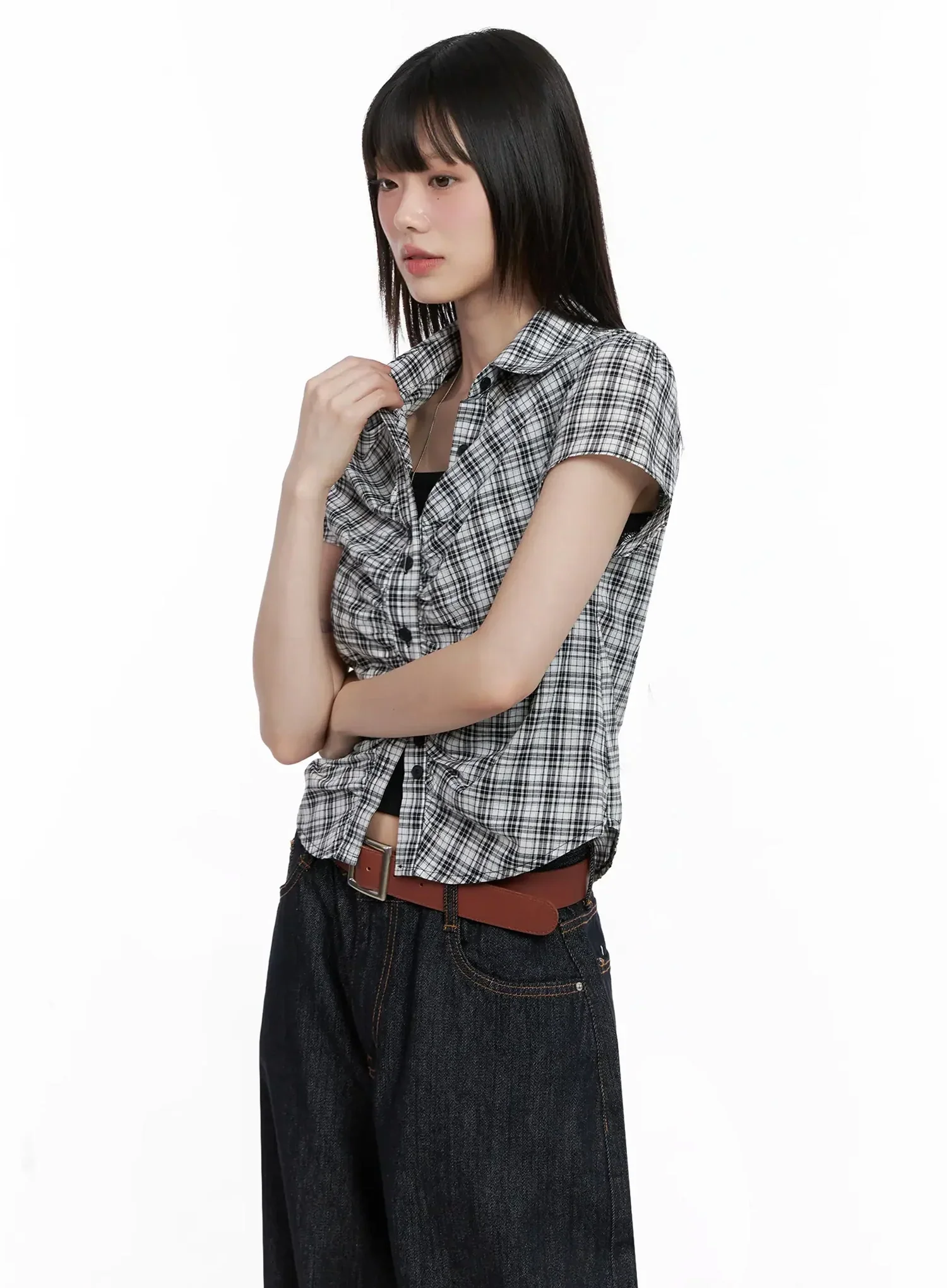 Shirred Plaid Button-up Blouse IL531 - Image 9
