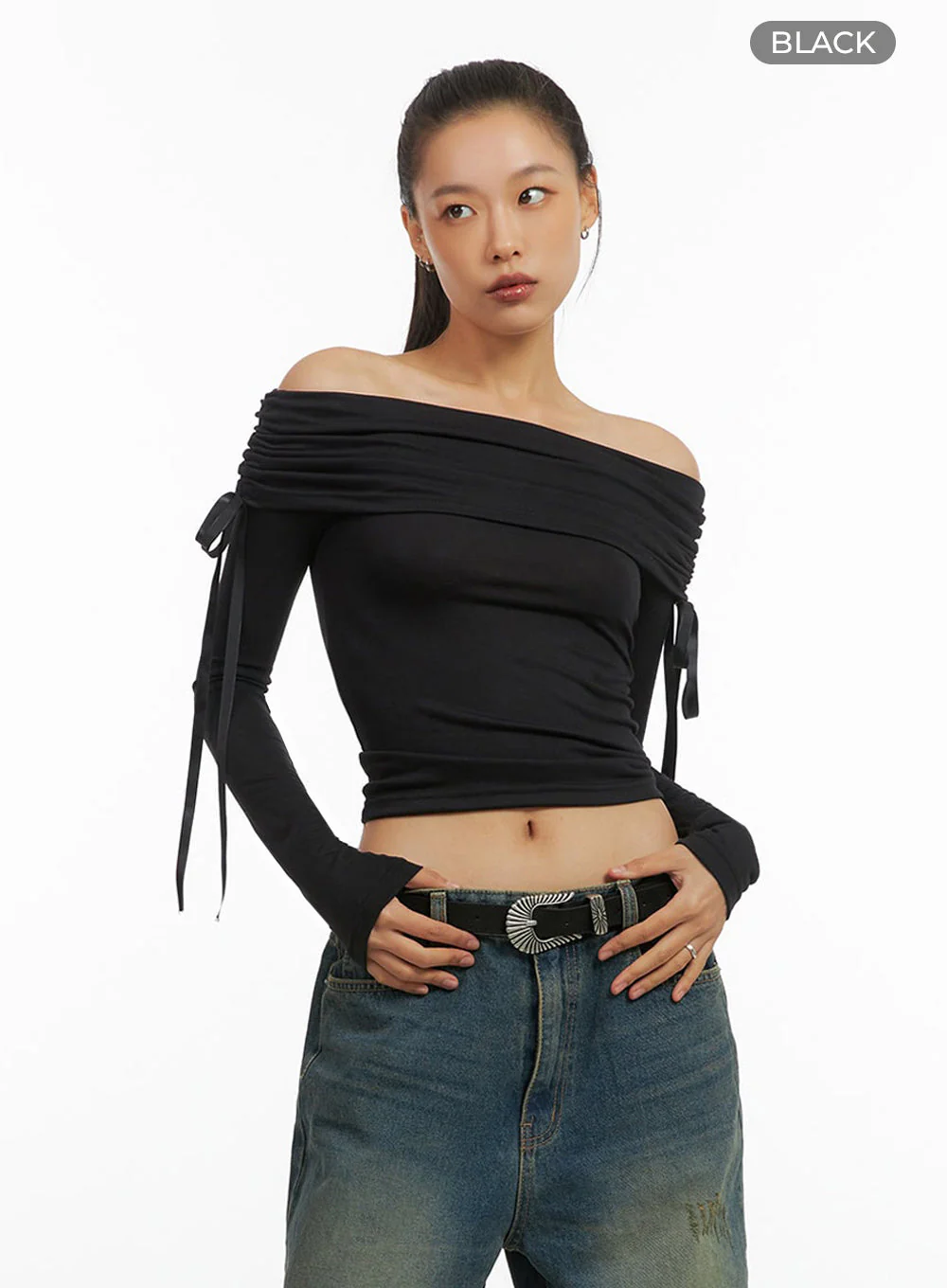 Shirred Solid Off Shoulder Crop Top IO409 - Image 14