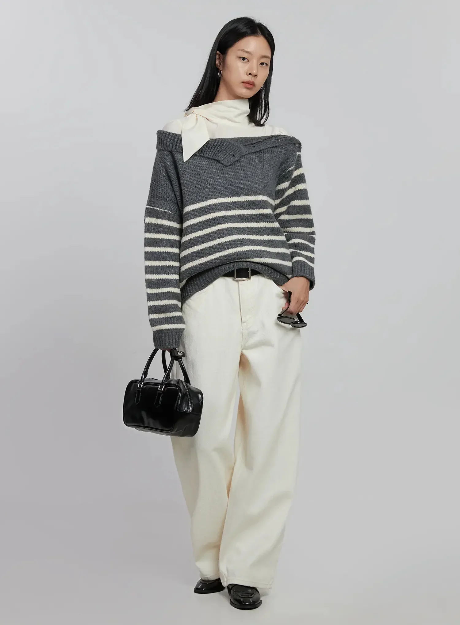 Shoulder Cutout Striped Knit Sweater ID504 - Image 2