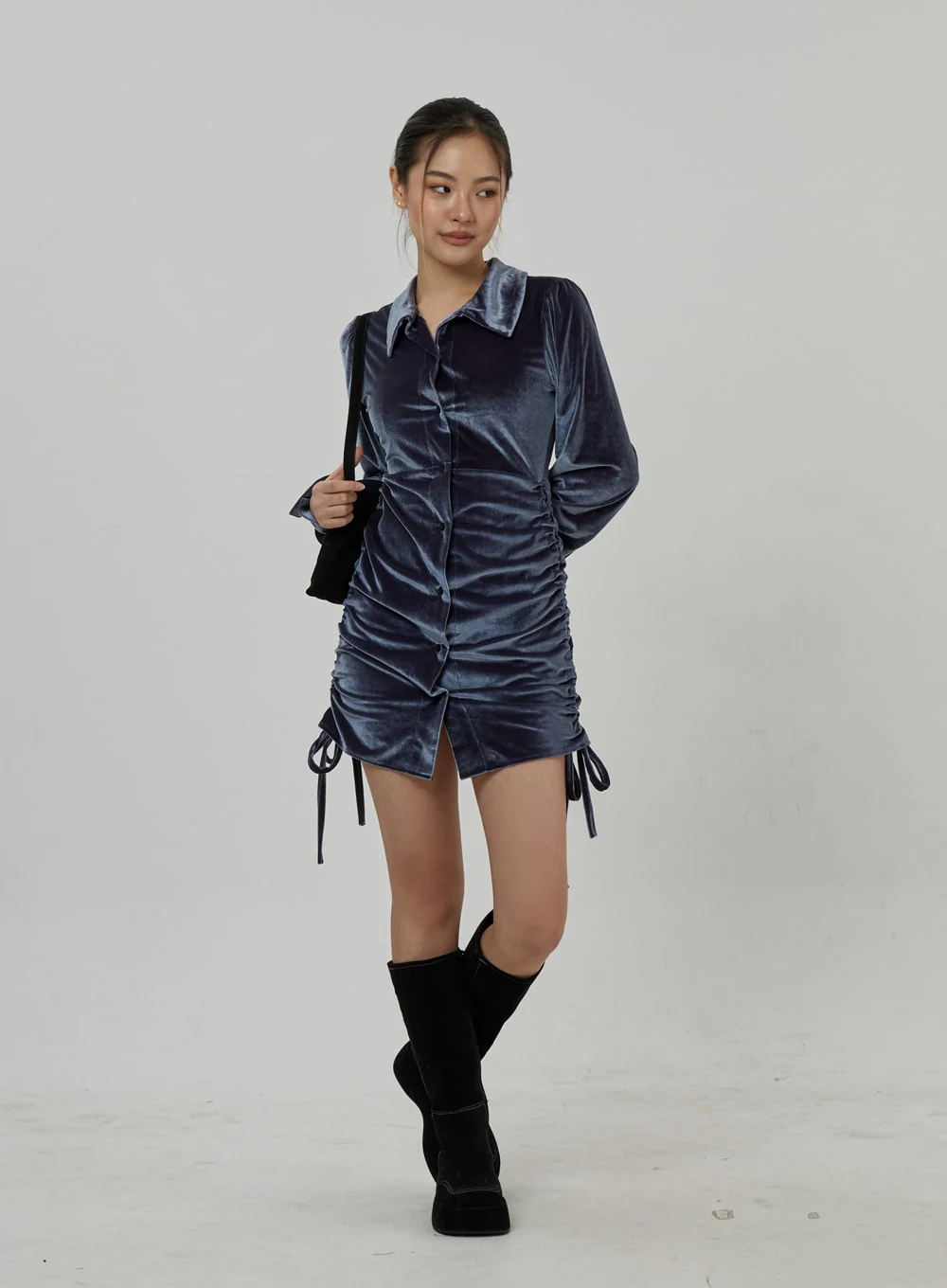 Side Tie Ruching Velvet Long Sleeve Mini Dress CD23 - Image 4