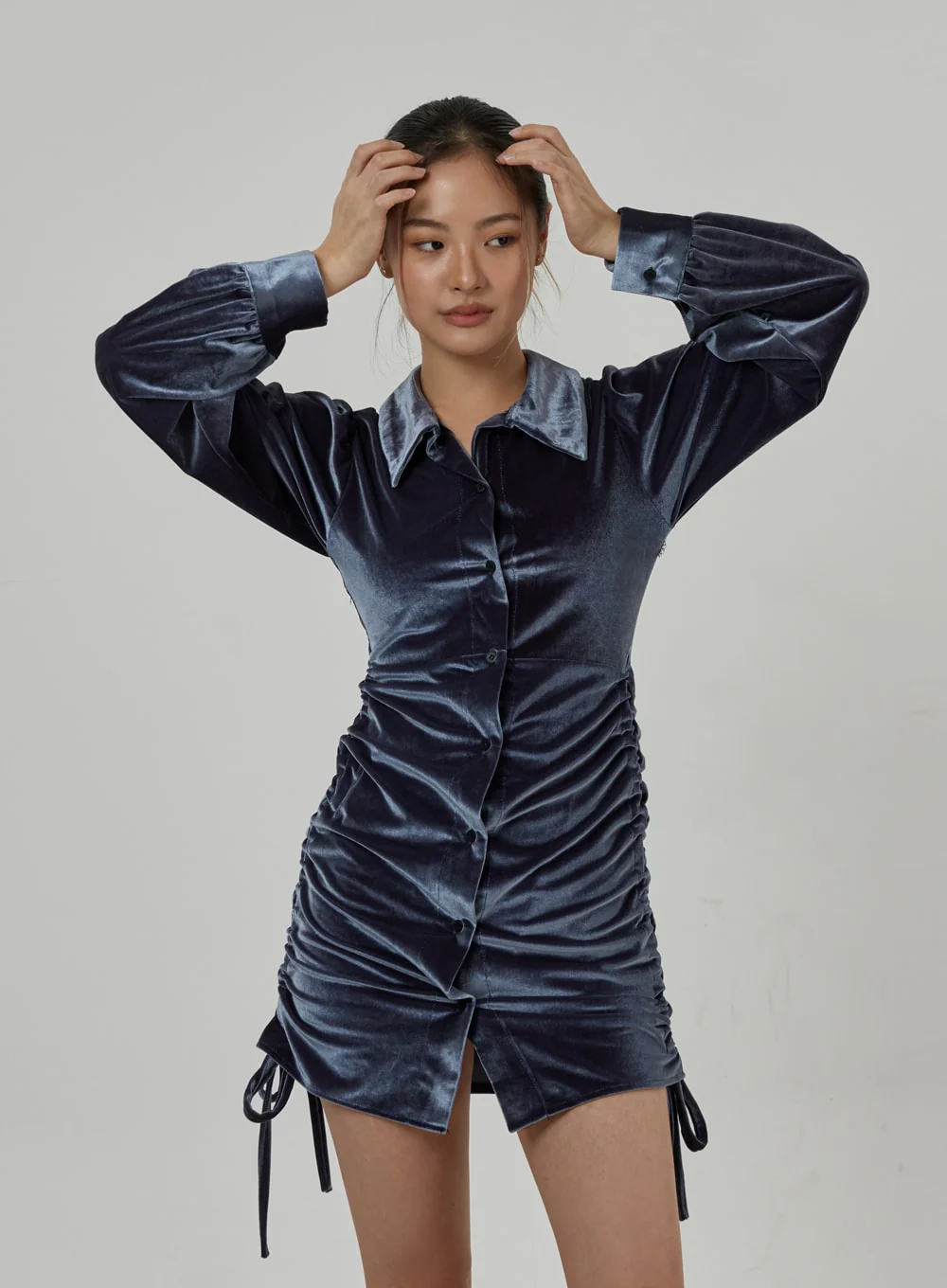Side Tie Ruching Velvet Long Sleeve Mini Dress CD23 - Image 9