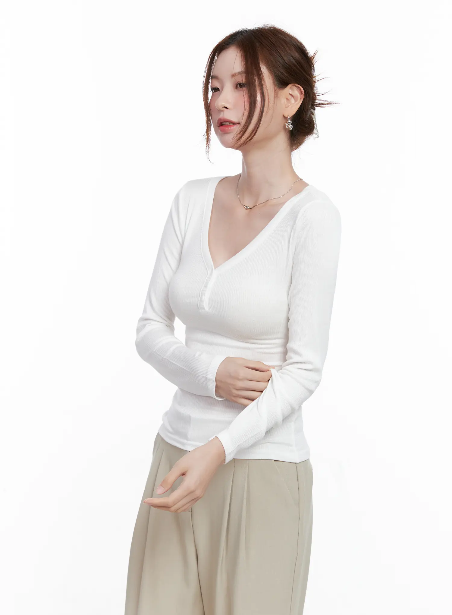 Slim-Fit Henley Neck Long Sleeve Top CG521 - Image 8