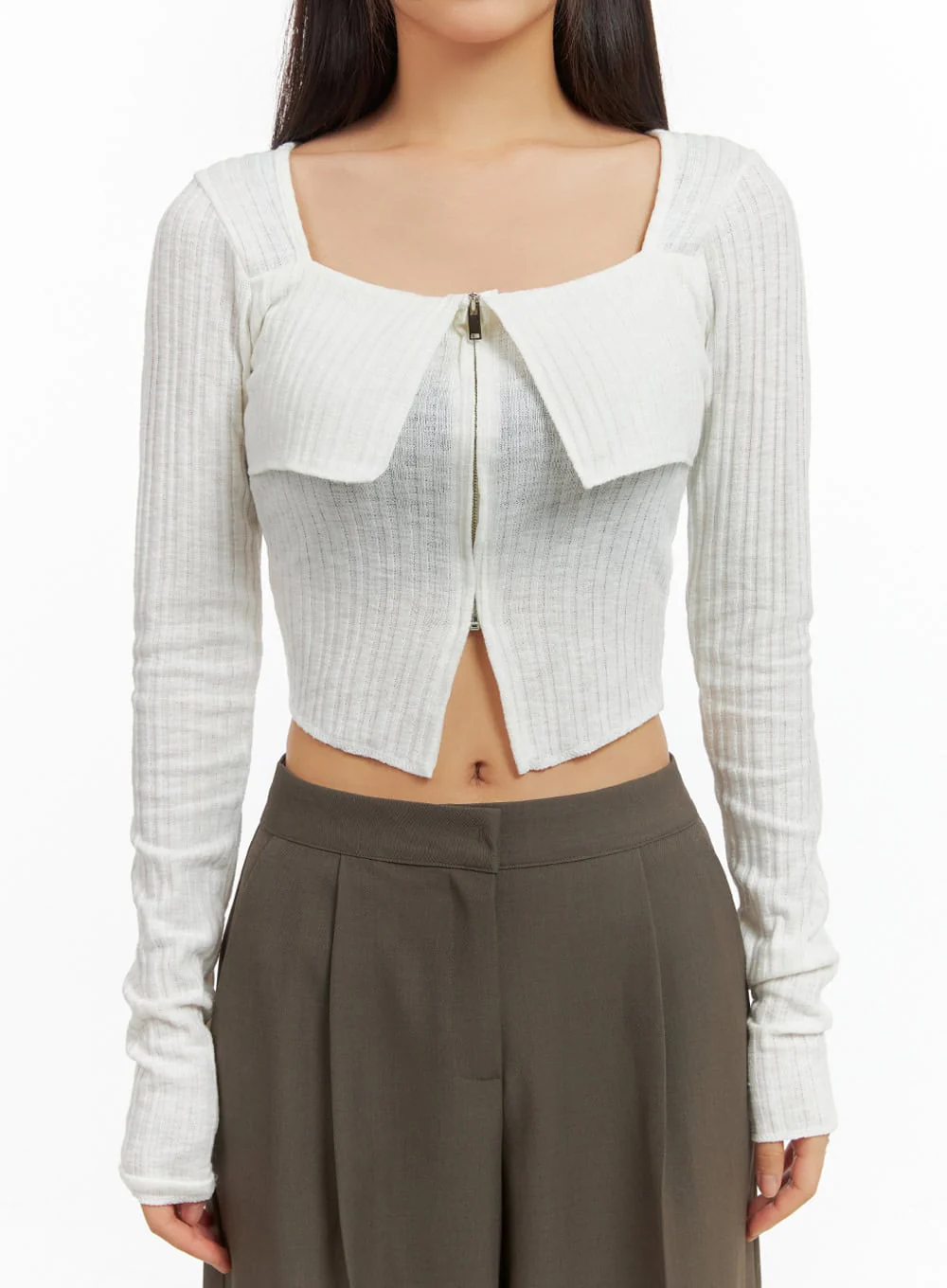 Slit Zip-Up Square Neck Crop Top IS402 - Image 3